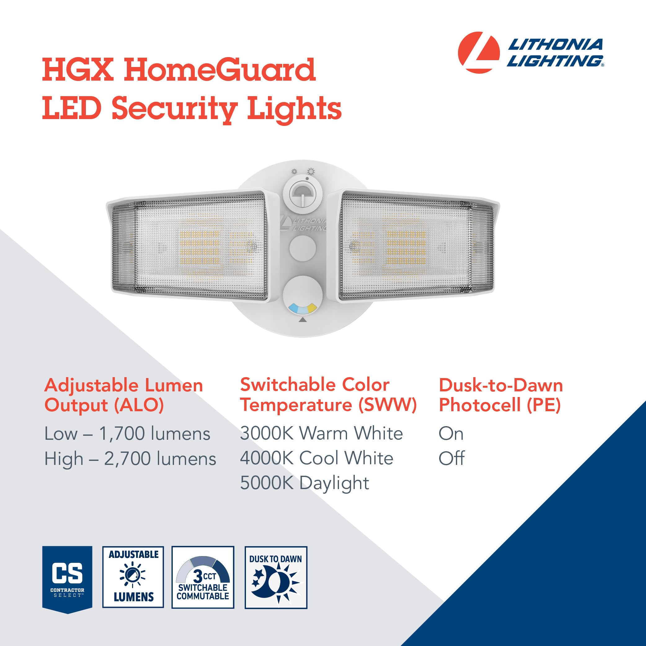 Lithonia Lighting HGX LED Outdoor Security Floodlight, 2-Lights, Adjustable Output, Switchable CCT, White, Aluminum