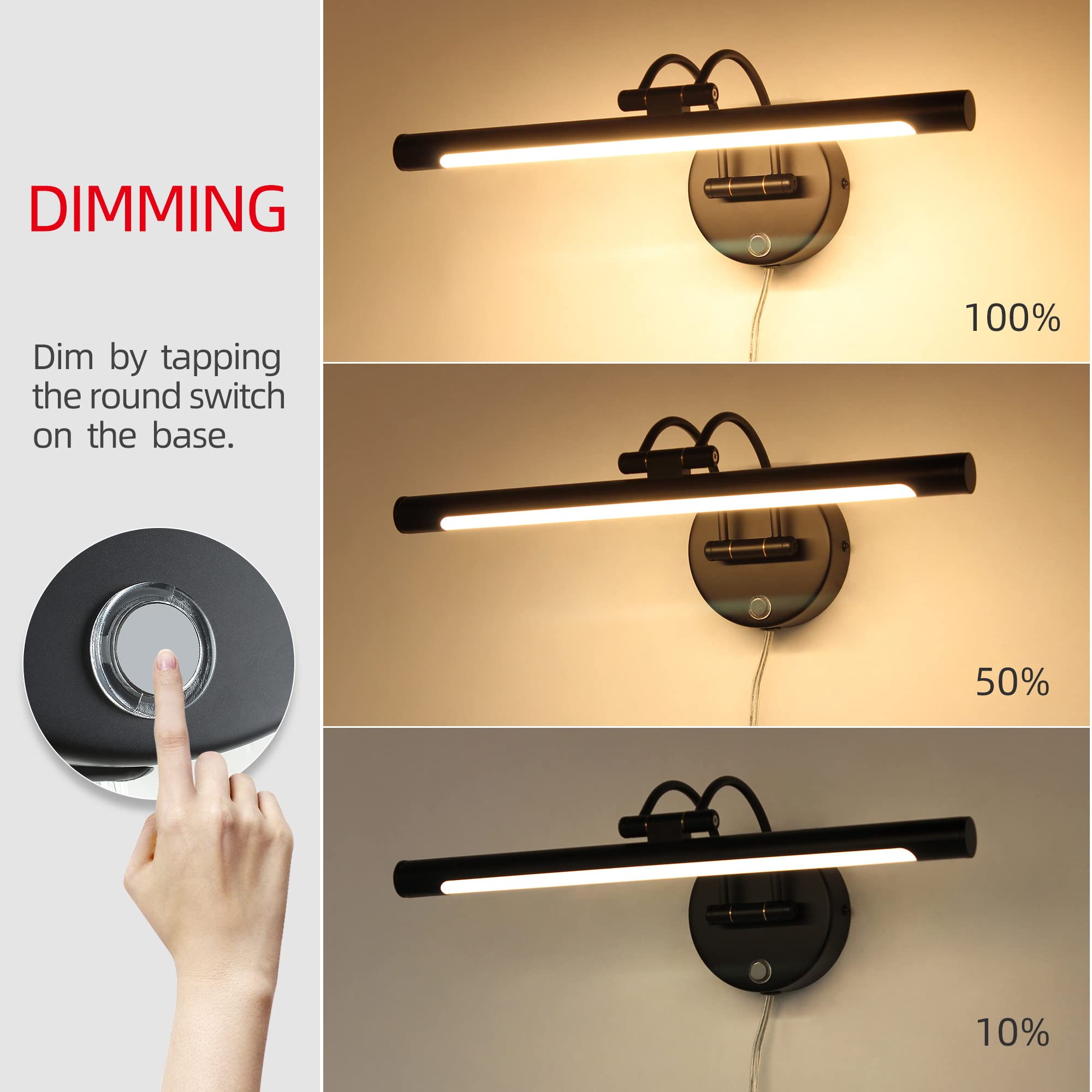 MantoLite LED Dimmable Bathroom Vanity Light Fixture, 16inch Metal Sconce, Black, Model WT-132A-BK-DM, Adjustable Arm, 3000K 8W