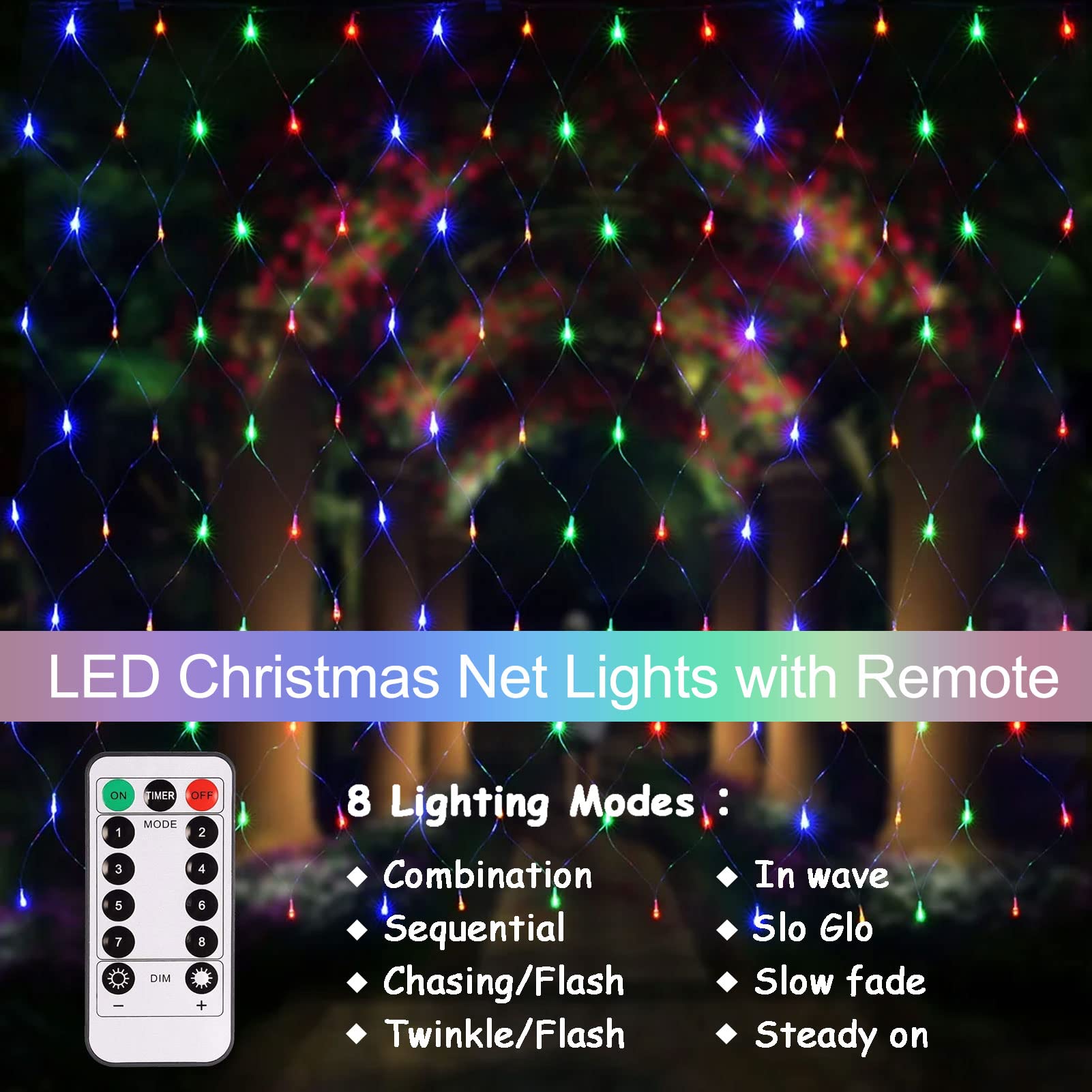 echosari Patio Garden Net Light String, 100 LED, 4.9ft x 4.9ft, Waterproof, Remote Timer, Multicolor