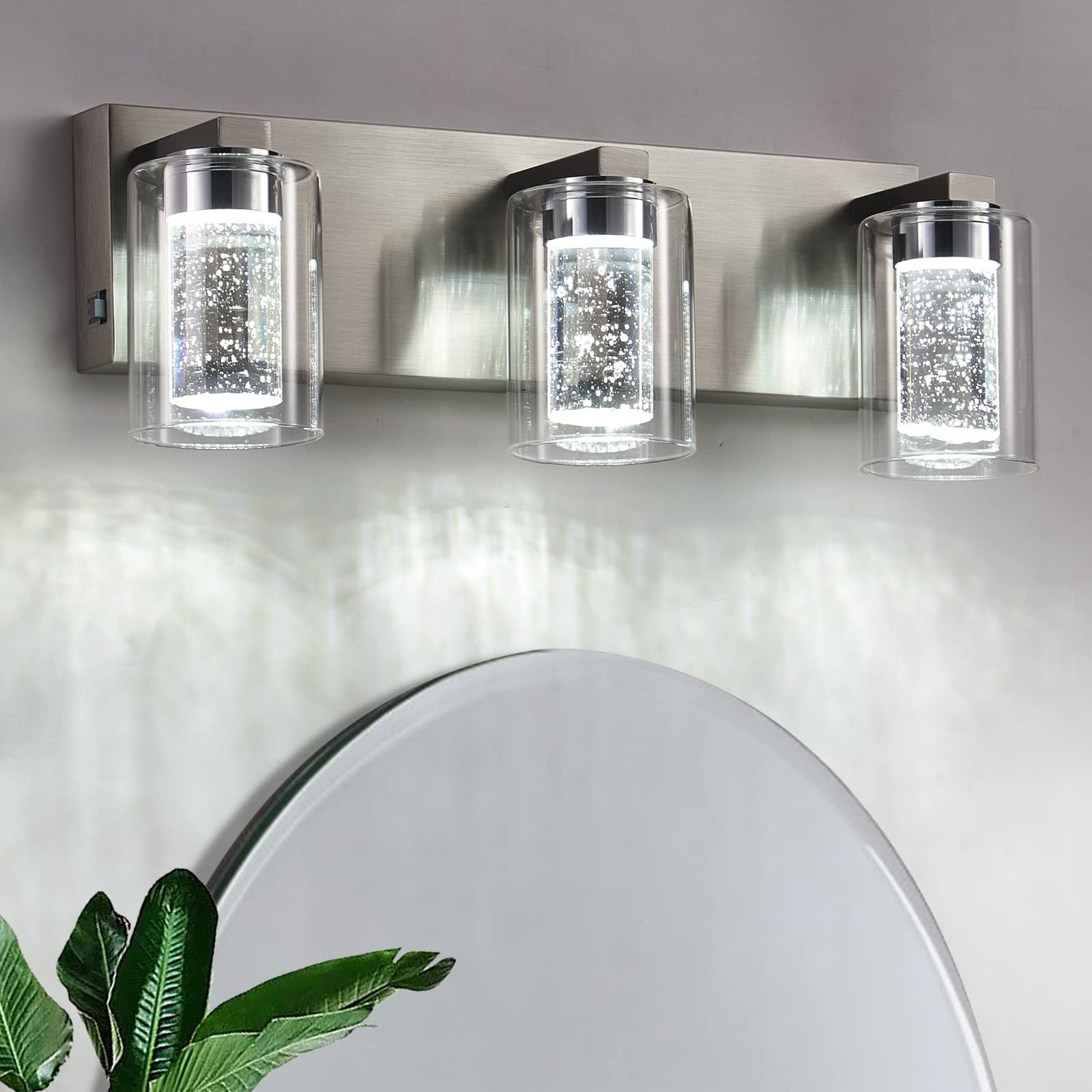 yenlacy 3-Light Bathroom Vanity Light Fixture, Brushed Nickel, Metal, Crystal Bubble Glass, Dimmable 3-Color, Model 2022-B108