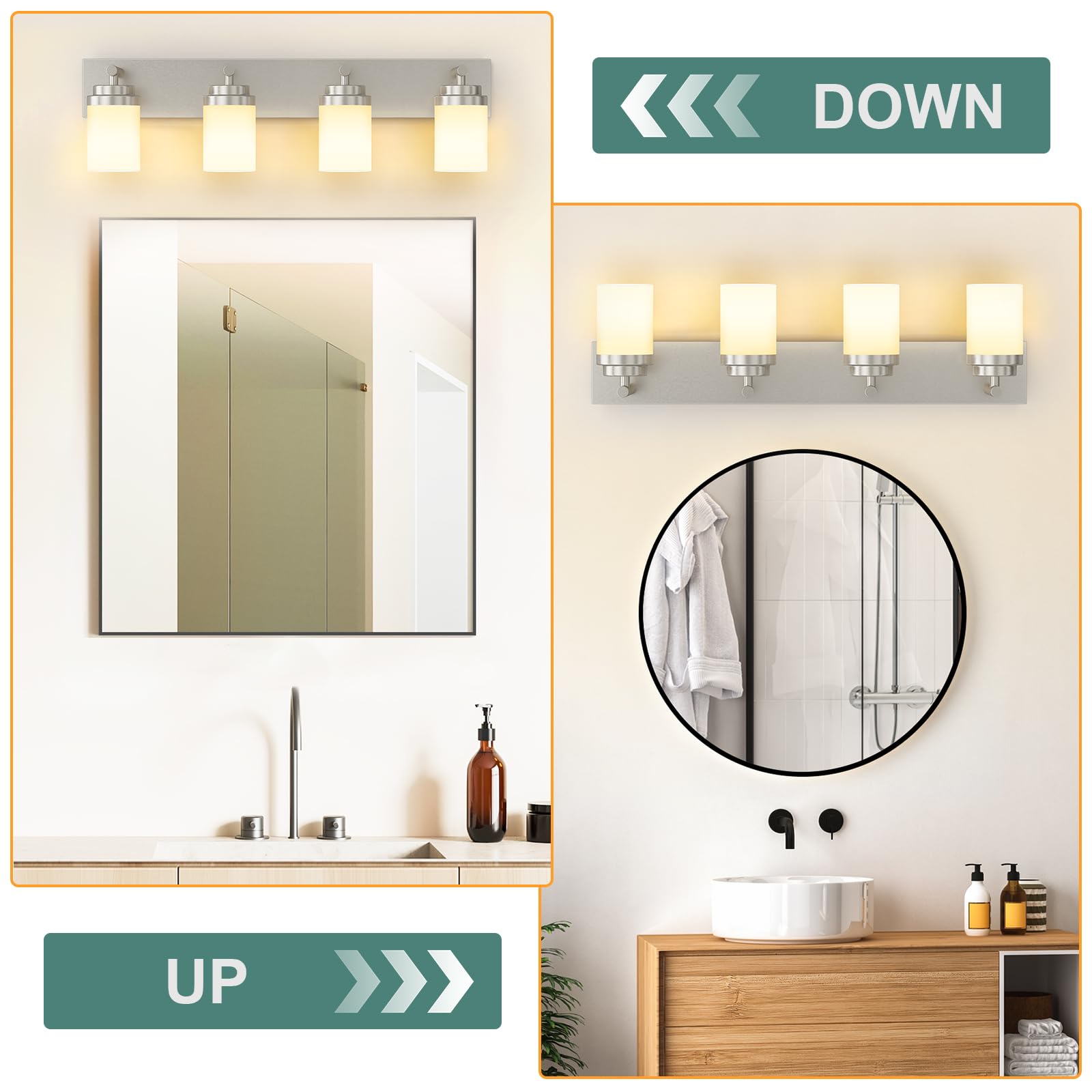IZORRO 4-Light Bathroom Vanity Light Fixture, Brushed Nickel with White Glass Shade, Modern Farmhouse Design, Model HL101-4T-Ni-WT