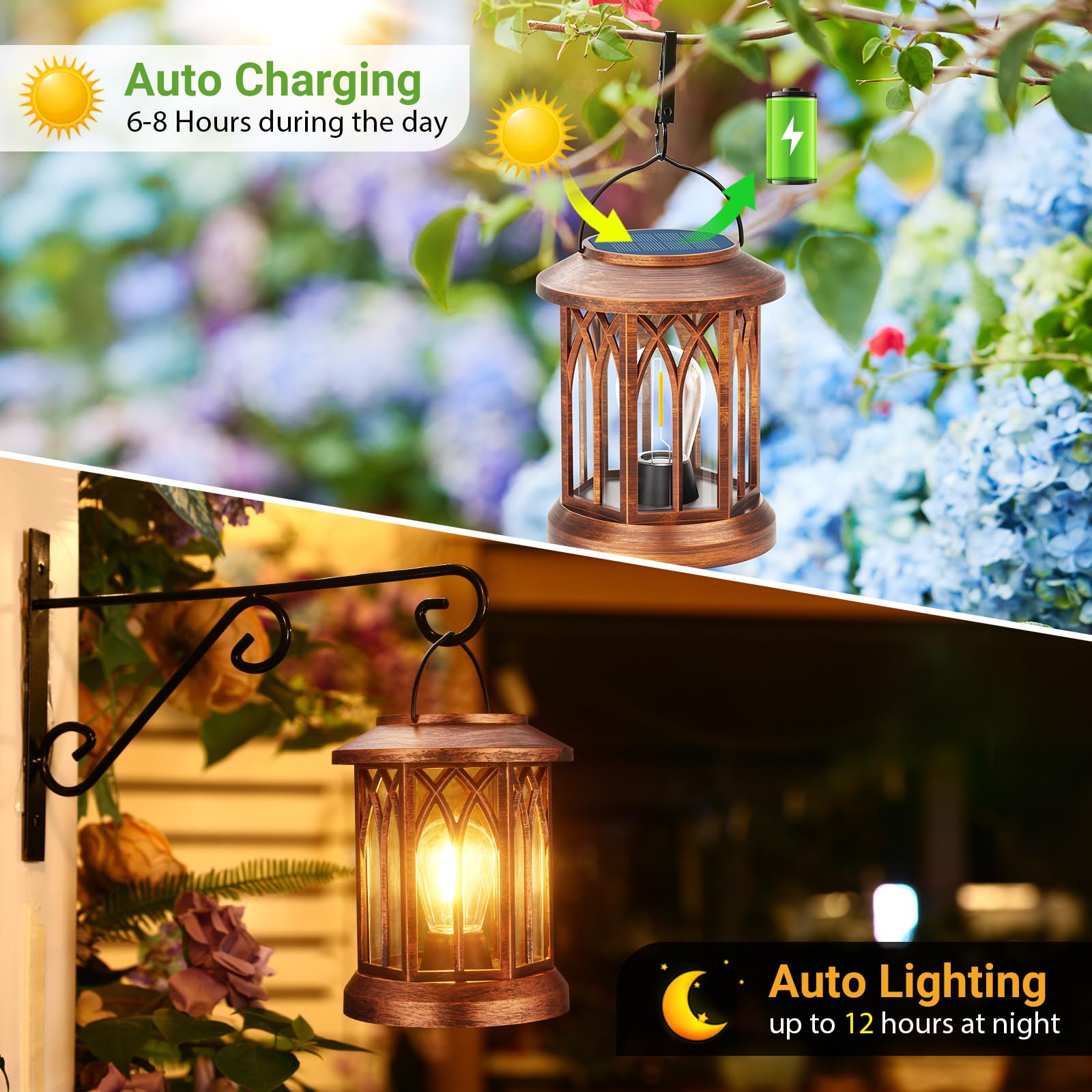 WdtPro Solar Lanterns 2 Pack, Waterproof Copper Hanging Lights, Model TLL009, Solar Powered for Outdoor Garden Patio Decor