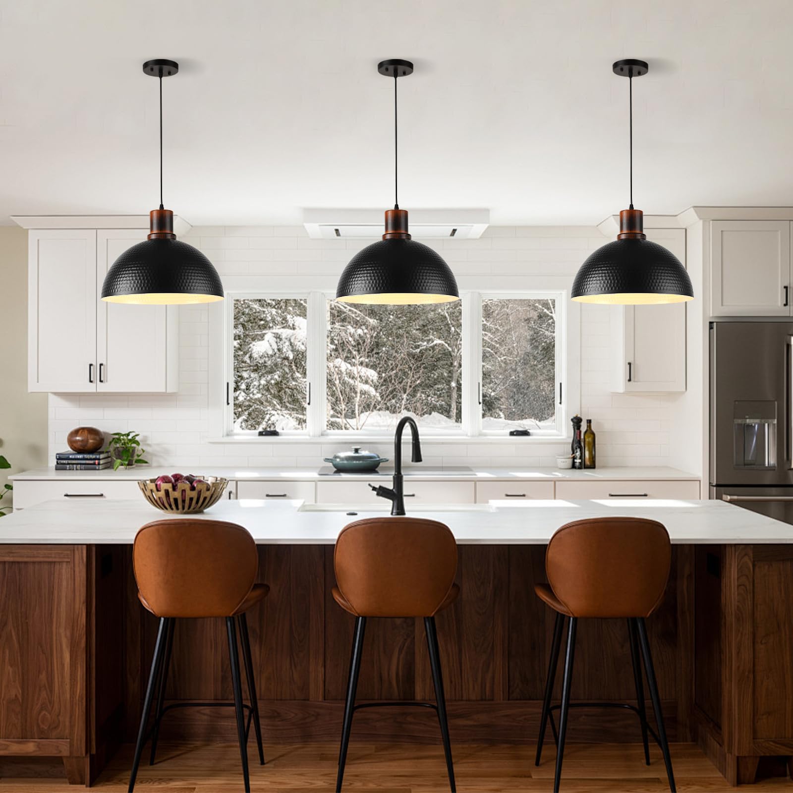 Mgcanyu 2 Pack Solid Wood Pendant Lights, 16" Black Metal Dome Ceiling Fixture for Kitchen Island, Farmhouse Dining Room