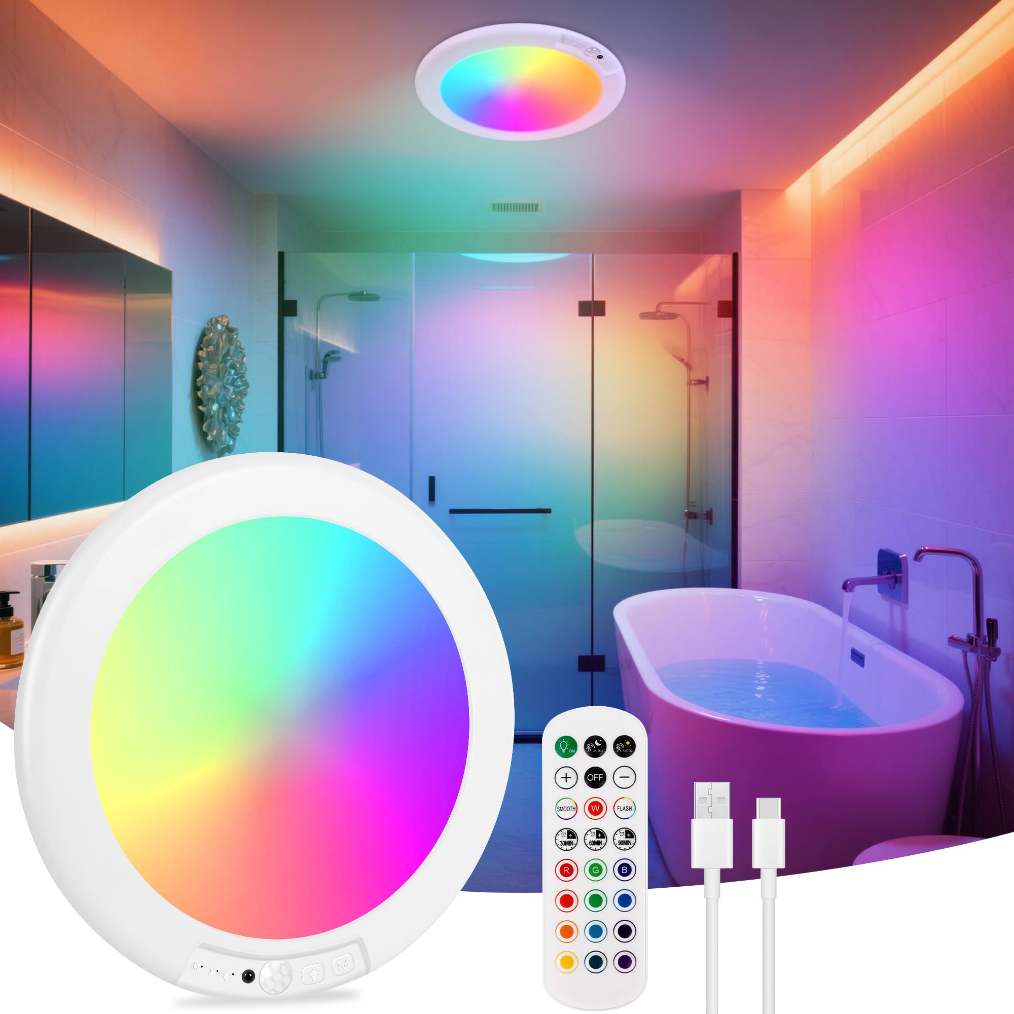 Rodalims Shower Lights For Inside Shower - 1 Pack Rechargeable Ceiling Light With Remote, Color Changing & White Timing Light, M