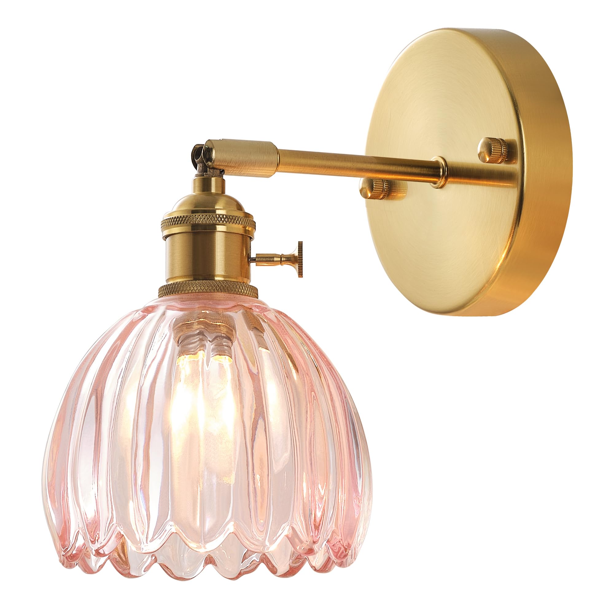 BinoBro Wall Sconce, Vintage Tulip Crystal Glass Shade, Hardwired/Plug-in, Pink, Model WL24555, Multicolored Glass