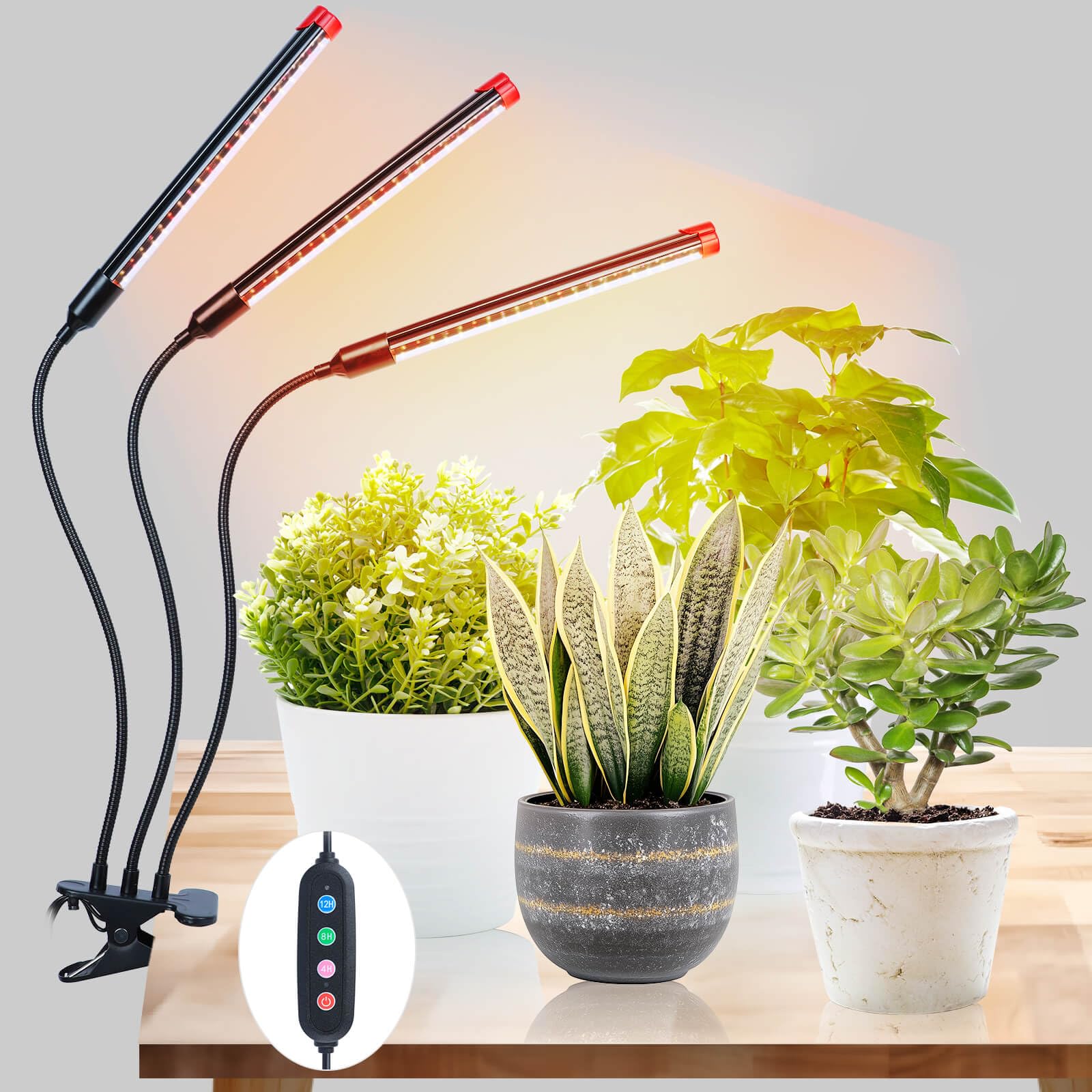 FRGROW Grow Lights for Indoor Plants, Full Spectrum, 3-Head, 3000k/5000k/660nm, Dimmable, Black, Model JZ03