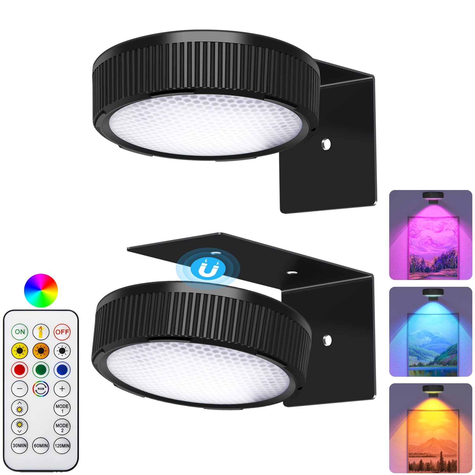 SIXDEFLY RGB Magnetic Suction Spotlight - Wireless Remote Control, Battery-Powered, 2 Pack, Black, Model 3a5b8827-9807-49e7-