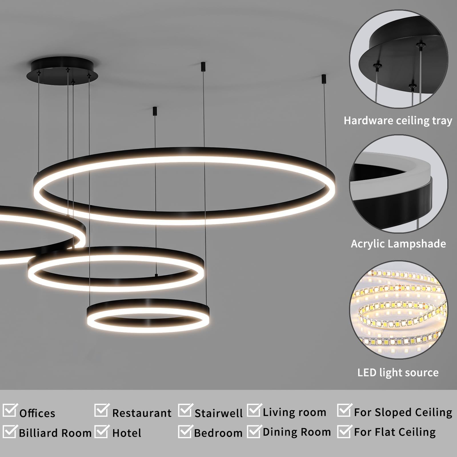 Mikeru Modern LED Chandelier Light, Adjustable 3000K-6500K, 15.7-39.5IN, Aluminum, Black, Model NXF-BGZDD