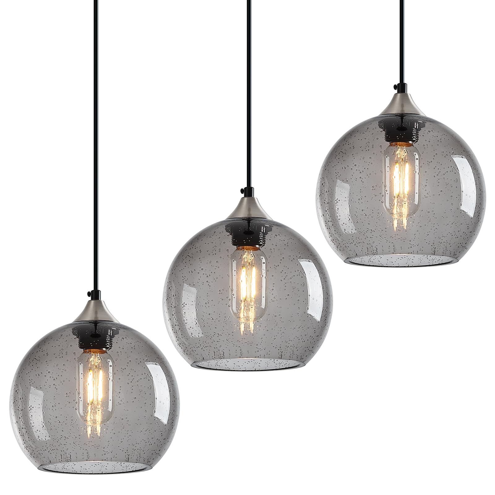 Lbsqj Light Grey Glass Pendant Lights Kitchen Island Lighting Globe Pendant Light Fixtures Modern Pendant Lighting For Bedroom Living Dining Room Light Fixture (7.87 In  3 Pack)