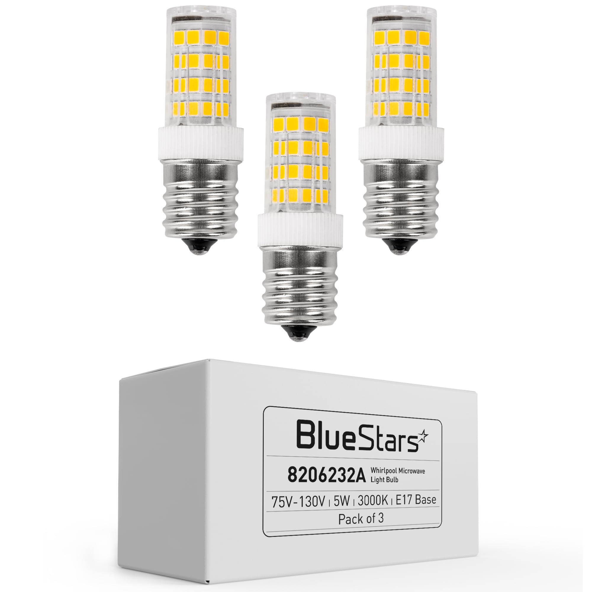 BlueStars E17 LED Bulbs 5W 3000K Warm White Dimmable - Fits Whirlpool Maytag Microwaves, Model 8206232A, 3 Pack