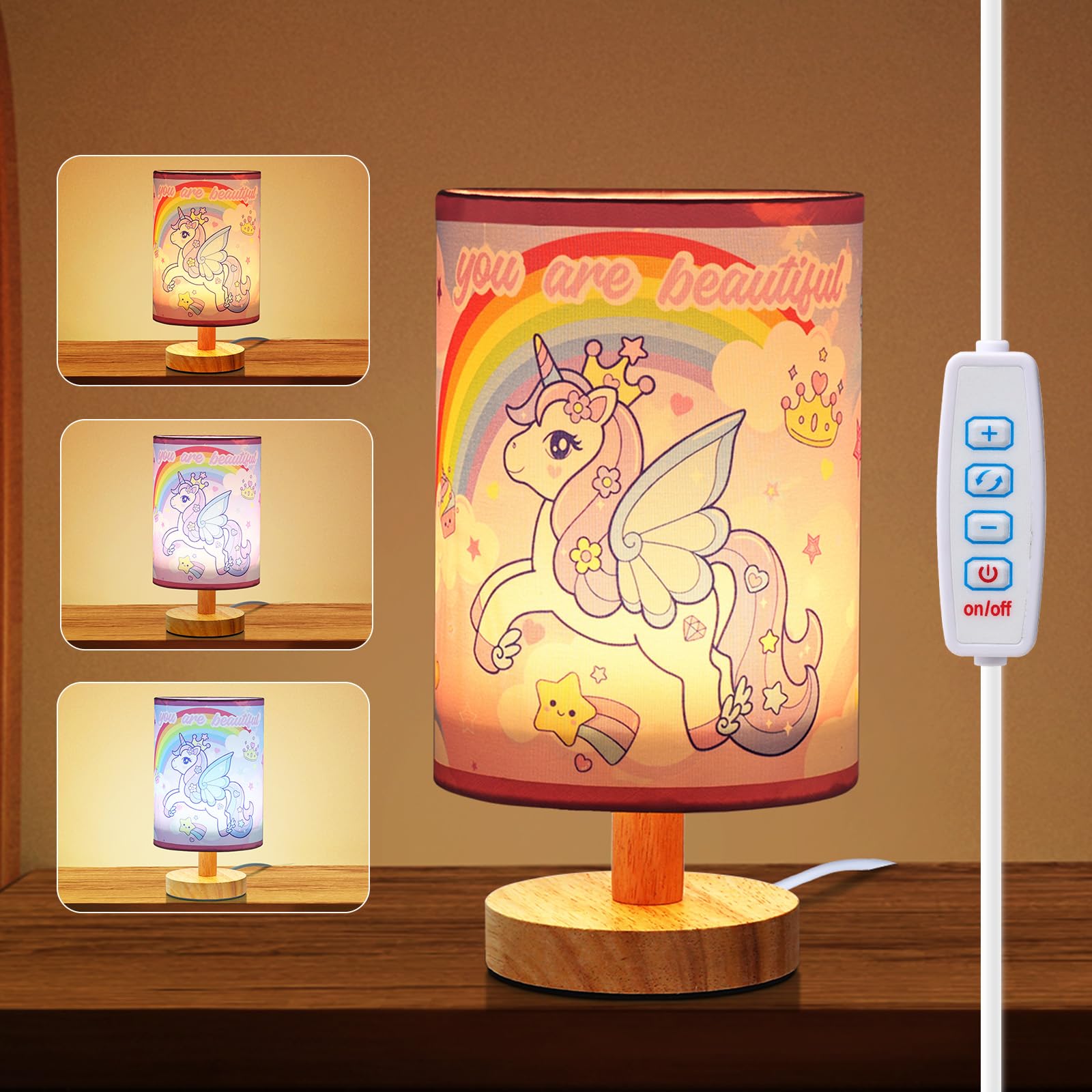 Unicorn Bedside Table Lamp - 3 Colors Dimmable Kids Night Light for Girls Bedroom Desk Reading Night Stand Decor, Cute Unicorn L