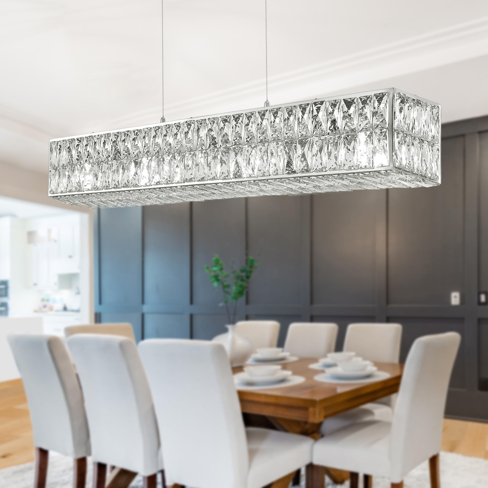 IKK Modern Rectangle Chandelier for Dining Room, Crystal Chandeliers with Stainless Steel in Chrome, Large Rectangular Pendant L
