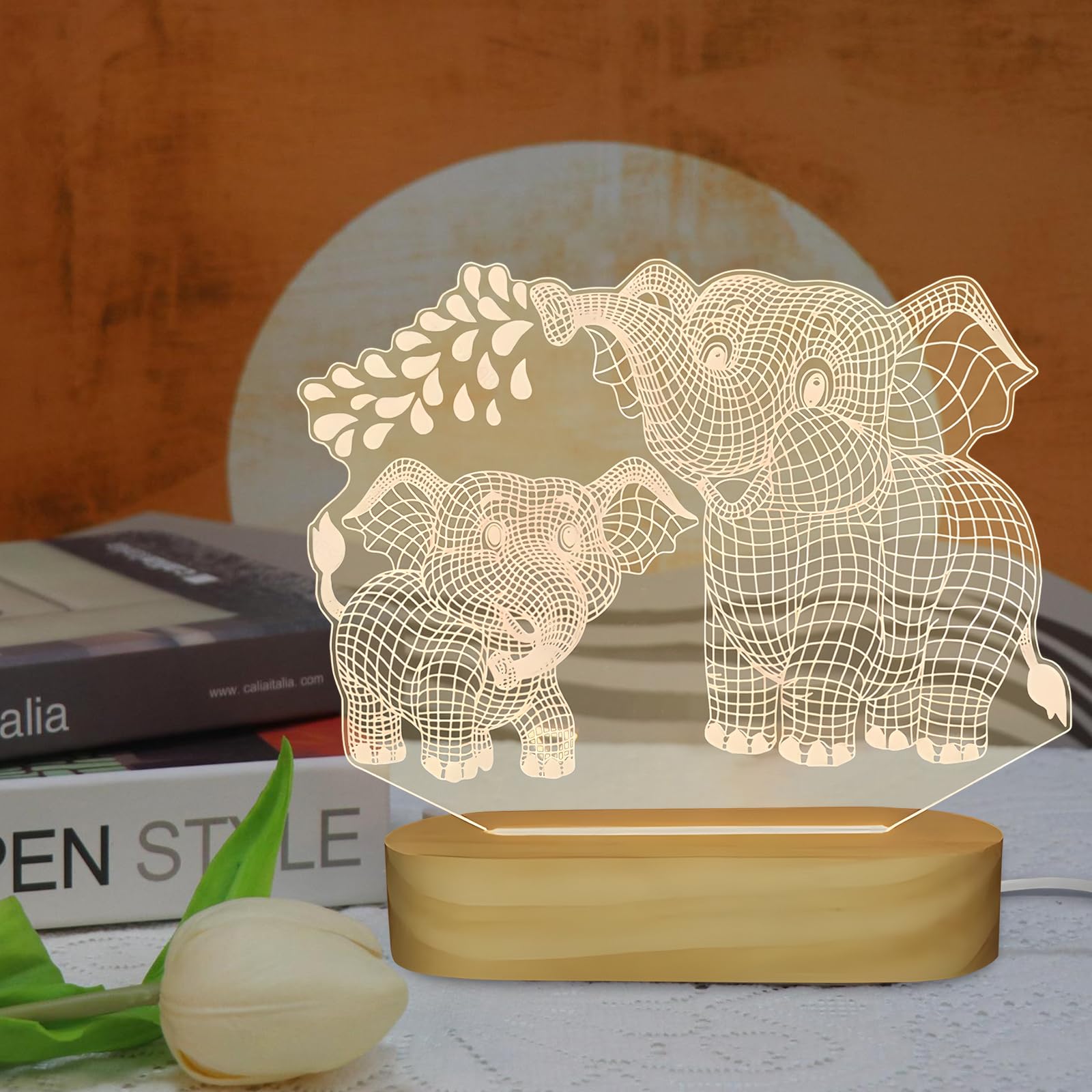 Hpydiy Elephant Shape 3D Crystal Acrylic Light Base With Wood Stand  Led Light For Kids Room Decor  Gift For Mom On Birthday Or Holiday  Home D?Cor Art Display