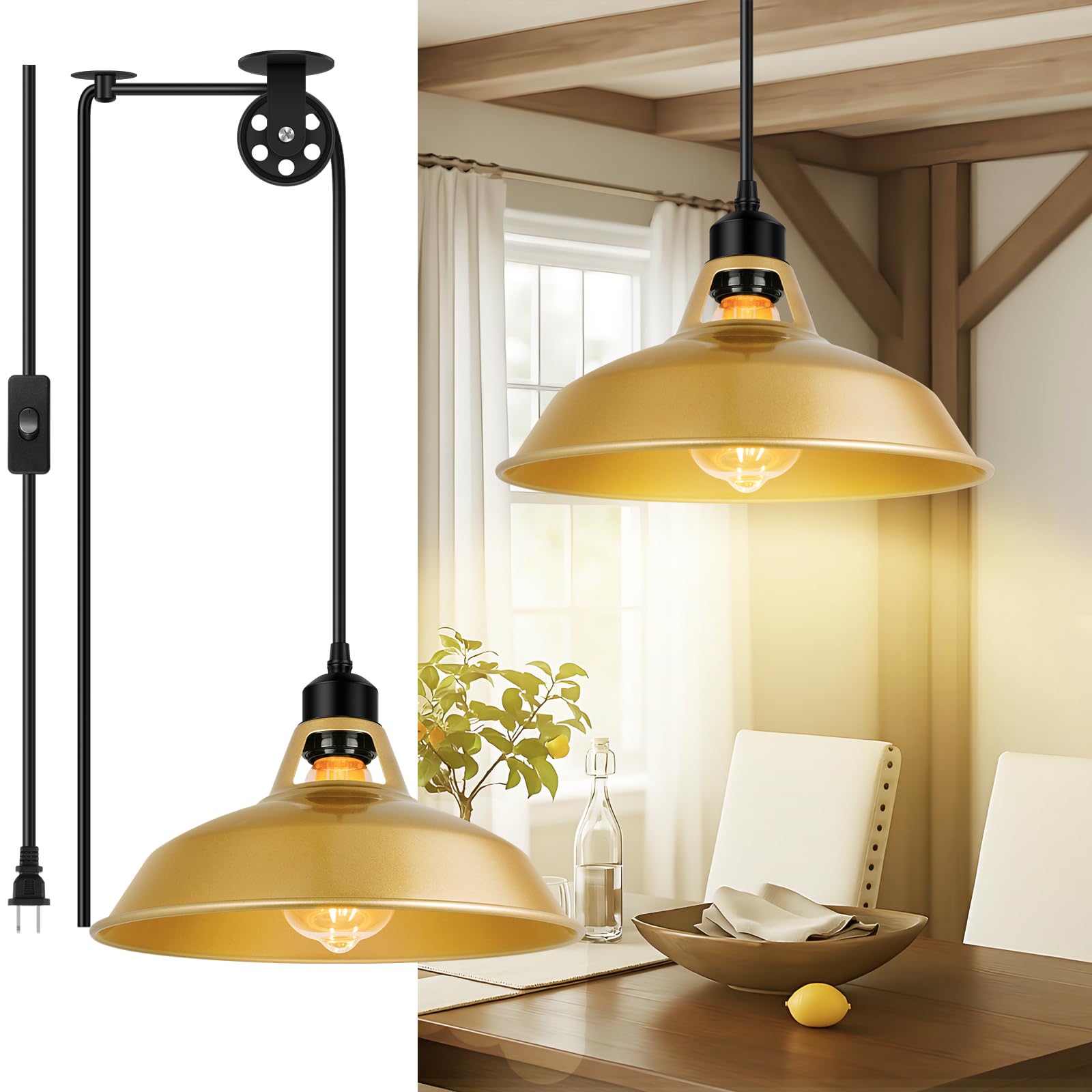 Lomoky Vintage Pendant Light, Metal Gold Barn Shade, Adjustable Cord, On/Off Switch, 1 Pack