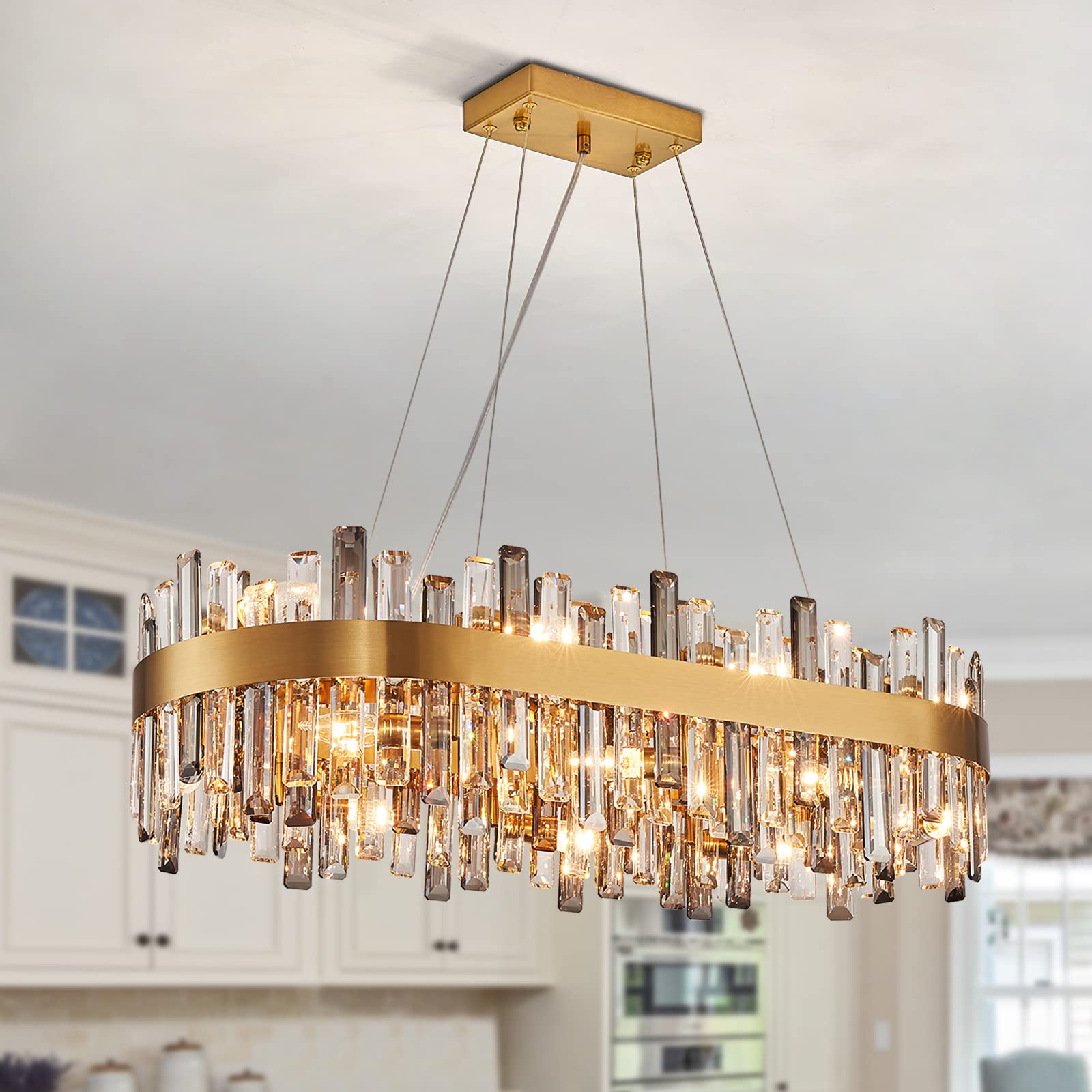Siljoy 35.4in  Gold Oval Crystal Chandelier, 16-Light K9 Crystal, Metal, Clear & Grey, Model FSK0622, Ideal for Dining Room and Kitchen Island