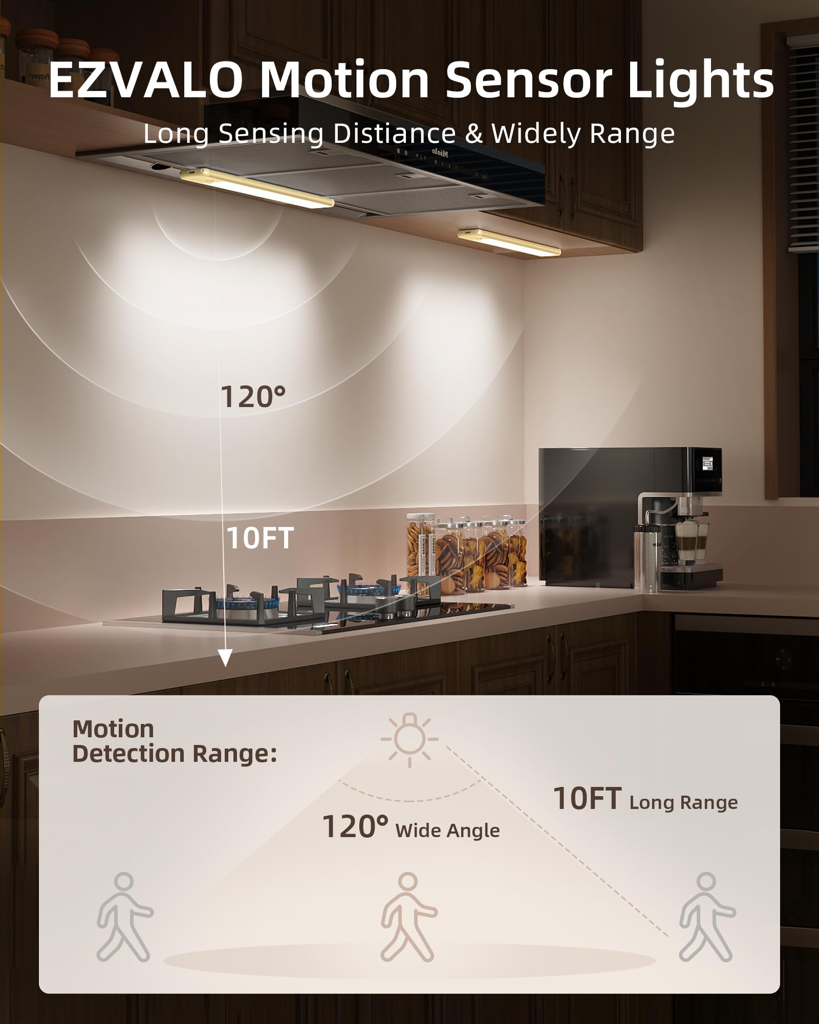 EZVALO 16.5in Under Cabinet Lighting, 145 LED, Dimmable, Rechargeable Motion Sensor, Golden, 2 Pack, Model LYB-42