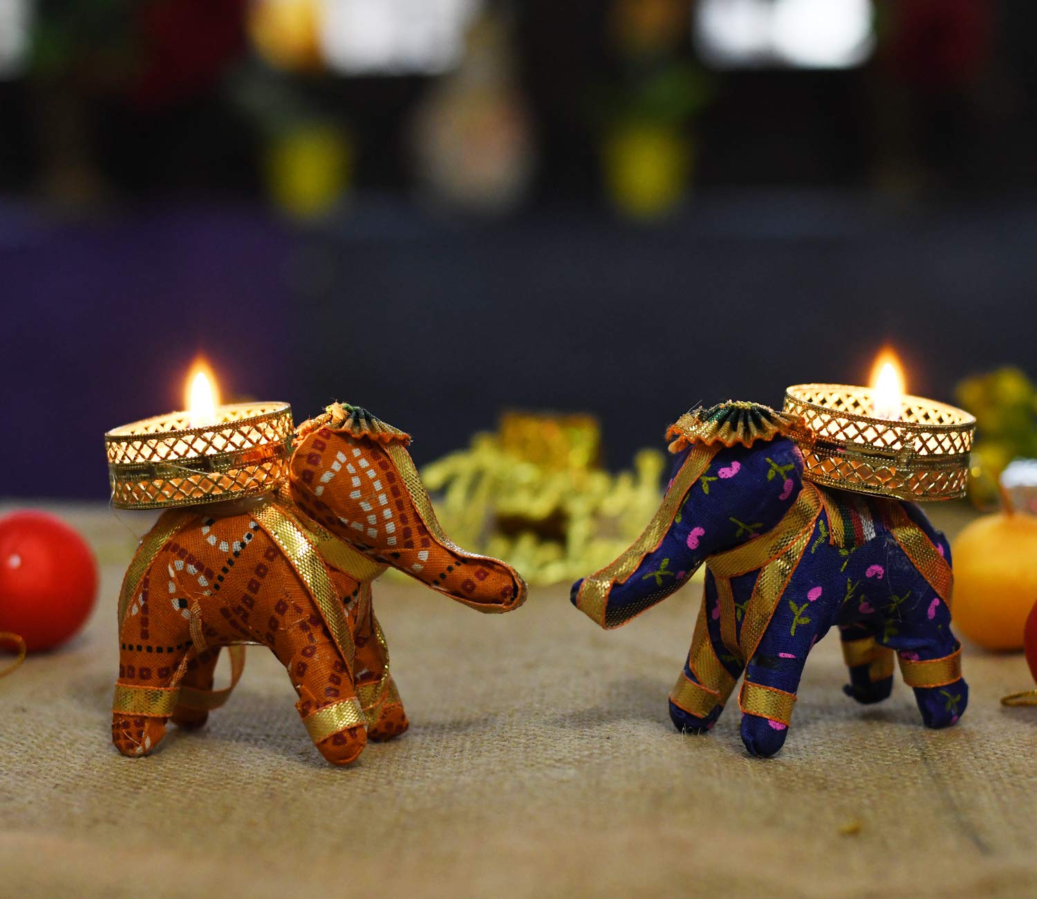Collectible India Cotton Elephant Design Tealight Candle Holder, Pack of 2