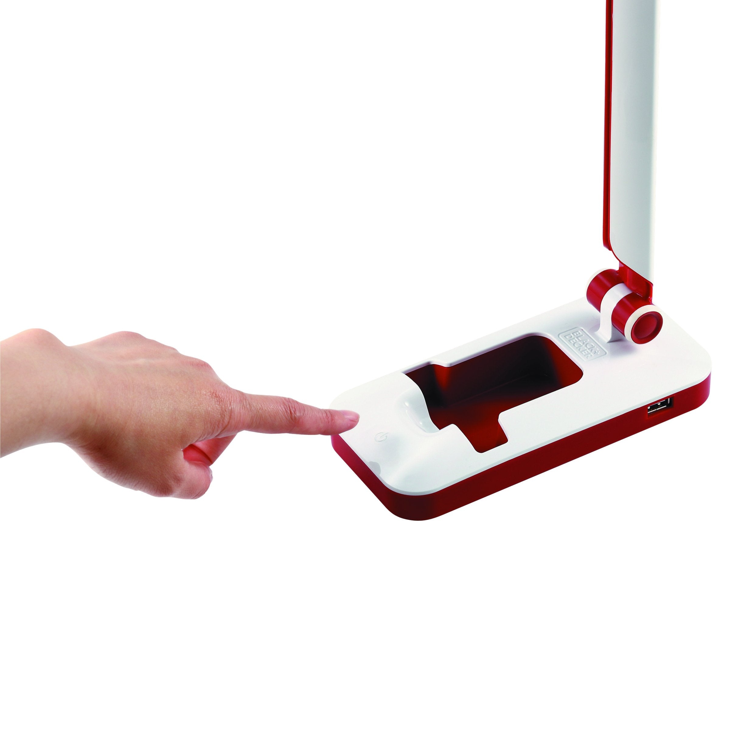 Black And Decker Office Led3Fold-Whtred Pureoptics Verve 5W Flicker-Free Natural Daylight Led Desk Lamp With Usb Charging Port, Phone Stand, 2 Dimming Levels (267 Lumens), 16&quot; X 9&quot; X 3.5&quot;, White/Red