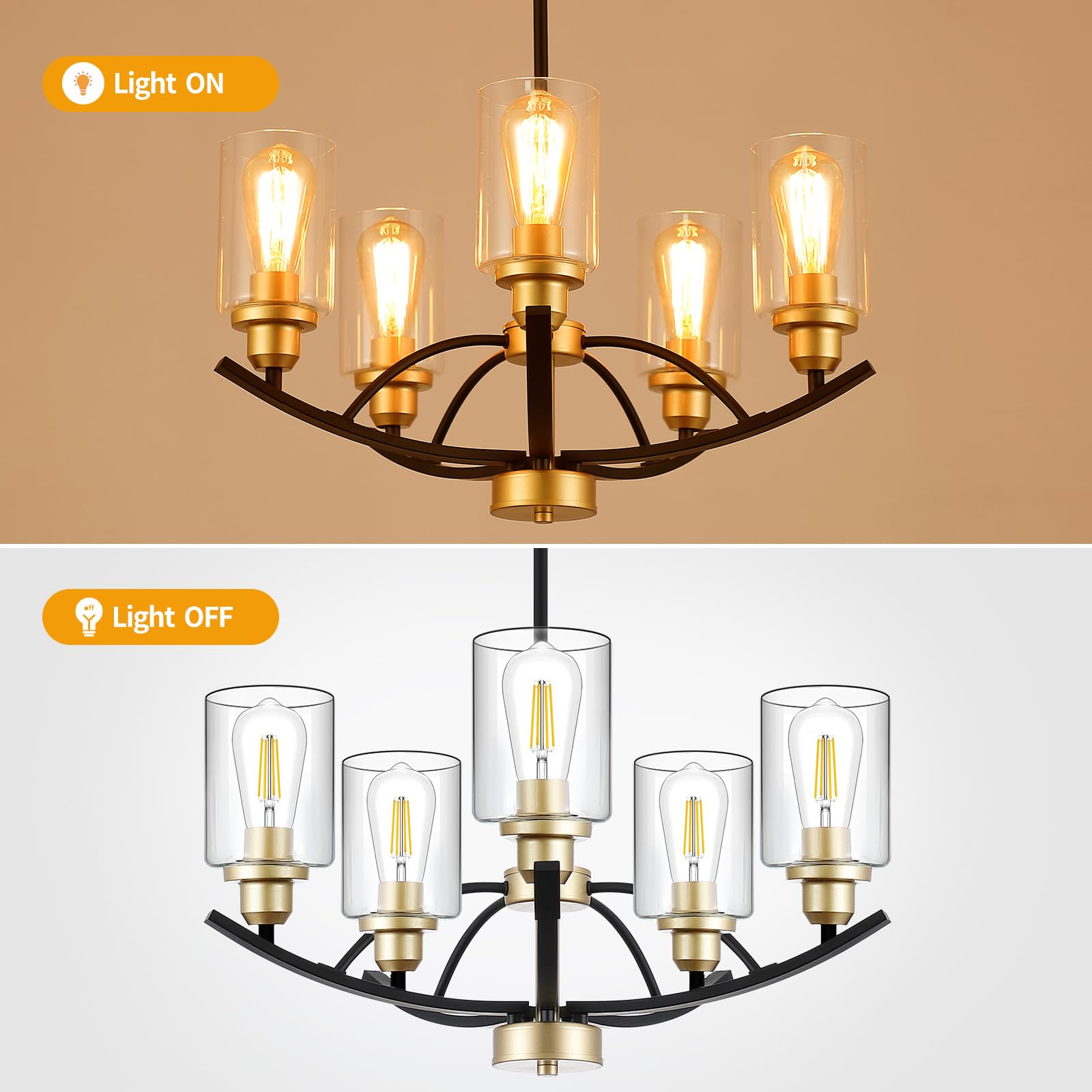 9MMML 5-Light Glass Chandelier, Wrought Iron Pendant Light, 22.8", Black+Gold Finish for Kitchen Island, Dining & Living Room