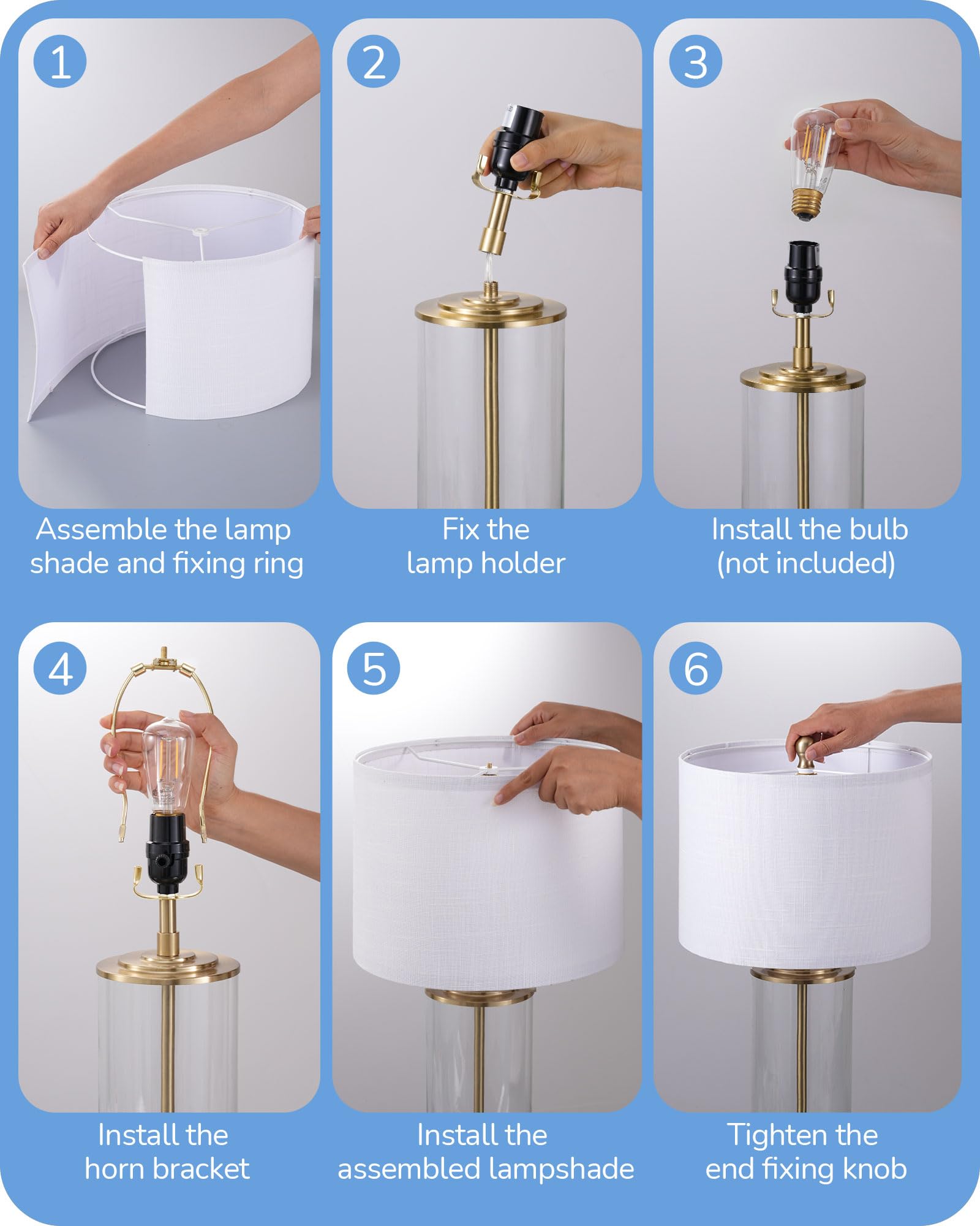 EDISHINE 23.6 Glass Table Lamp Set of 2 - DIY Fillable Base, White Linen Shade, Gold, UL Listed, Tall Bedside Lighting for Living Room & Bedrooms