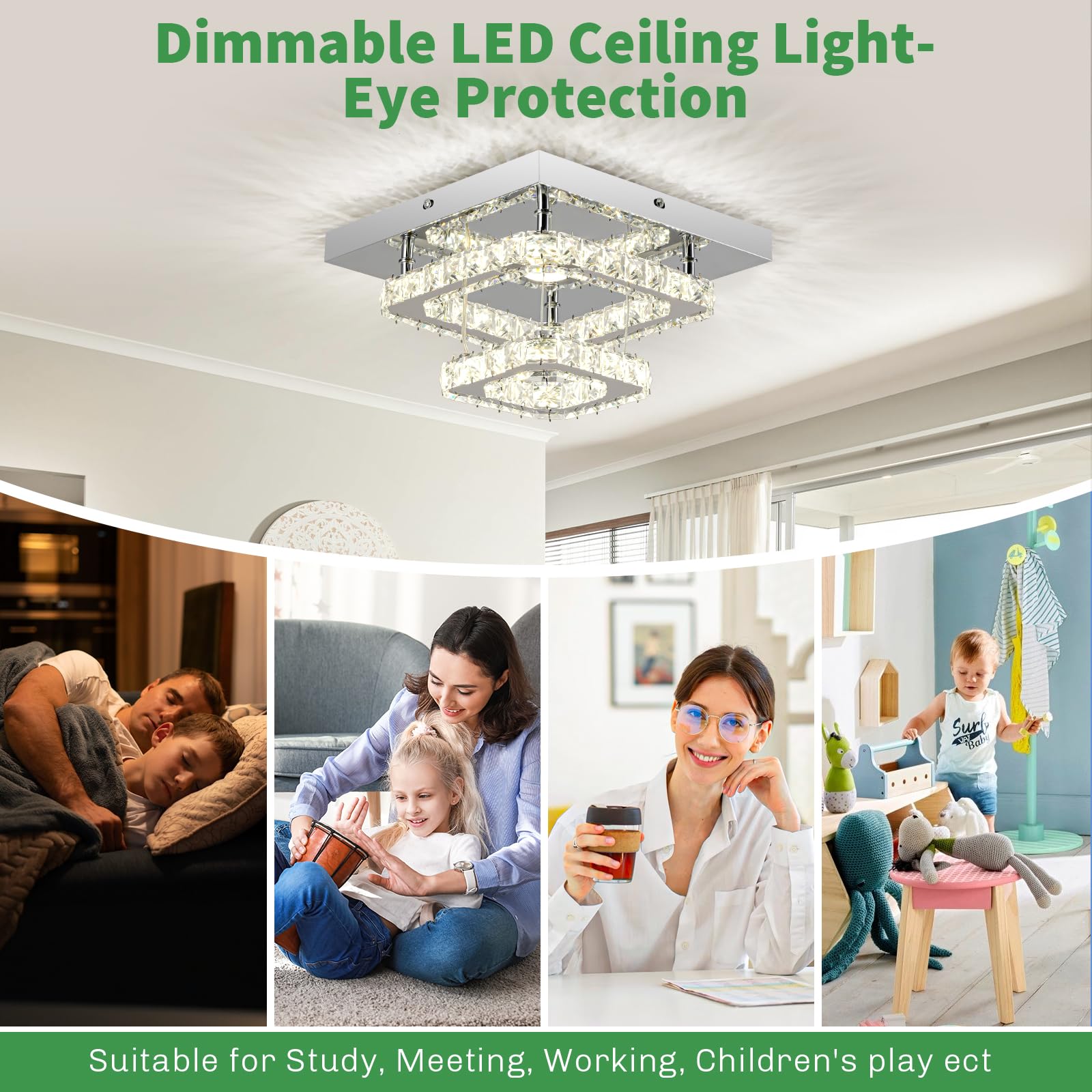 Rheafon Dimmable Crystal Chandelier With Remote Control, 2-Layer Flush Mount Ceiling Light For Bedroom, Kitchen, Hallway & Stair