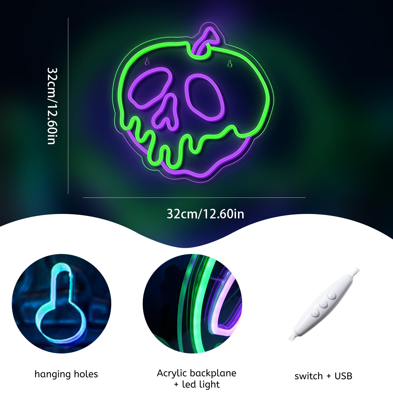 WLHOPE Halloween Neon Sign, Dimmable Skull Apple Light, 12.6in x 12.6in, USB Powered, Acrylic Wall Decor for Bedroom Bar Party