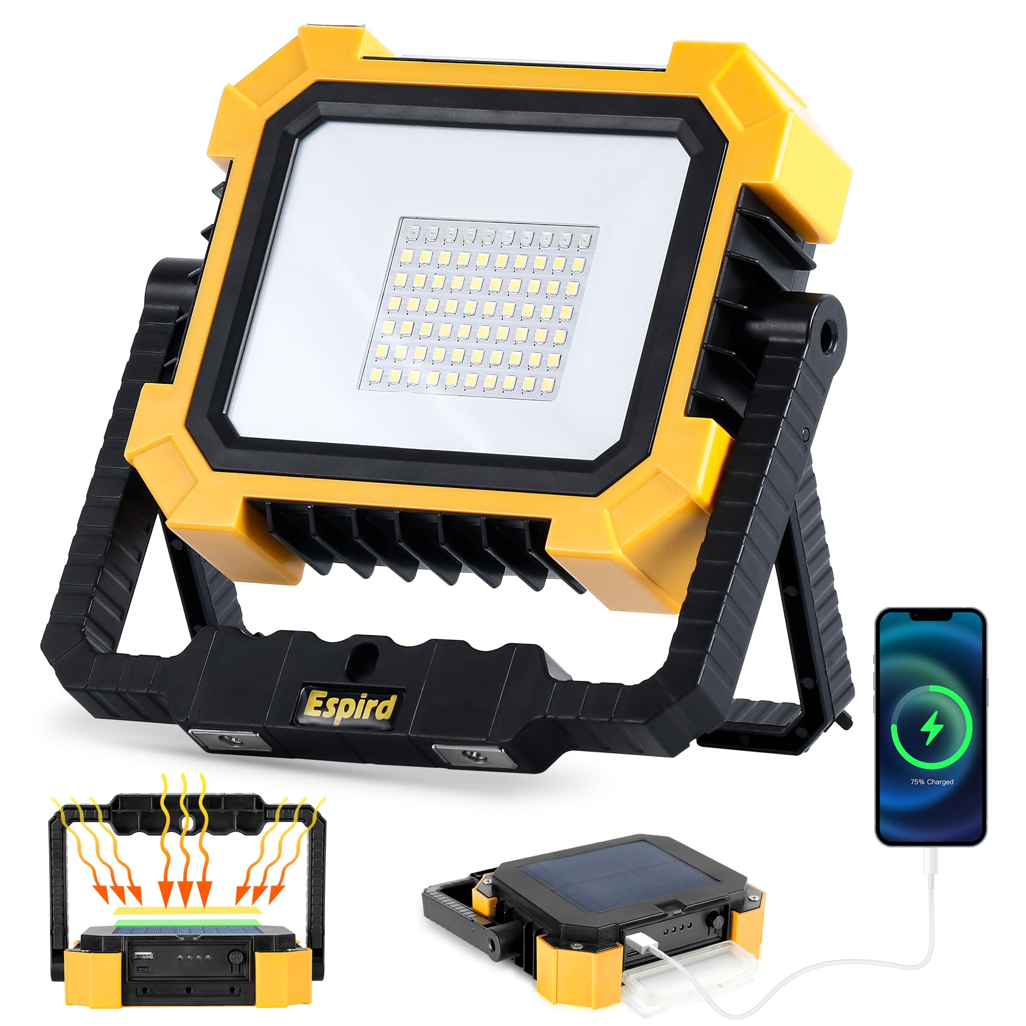 Espird Portable LED Work Light, 12000mAh, 10000LM, 4 Modes, Rechargeable, Magnetic, Black, Model L-29