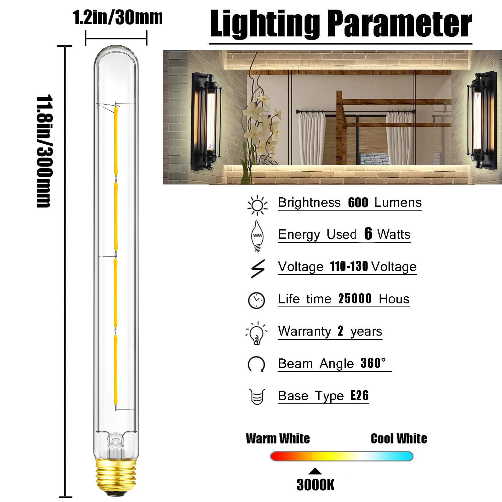 XININSUN T300 LED Bulb, 100W Equivalent, Dimmable, Clear Glass, 11.8 Inch, 4 Pack, 3000K