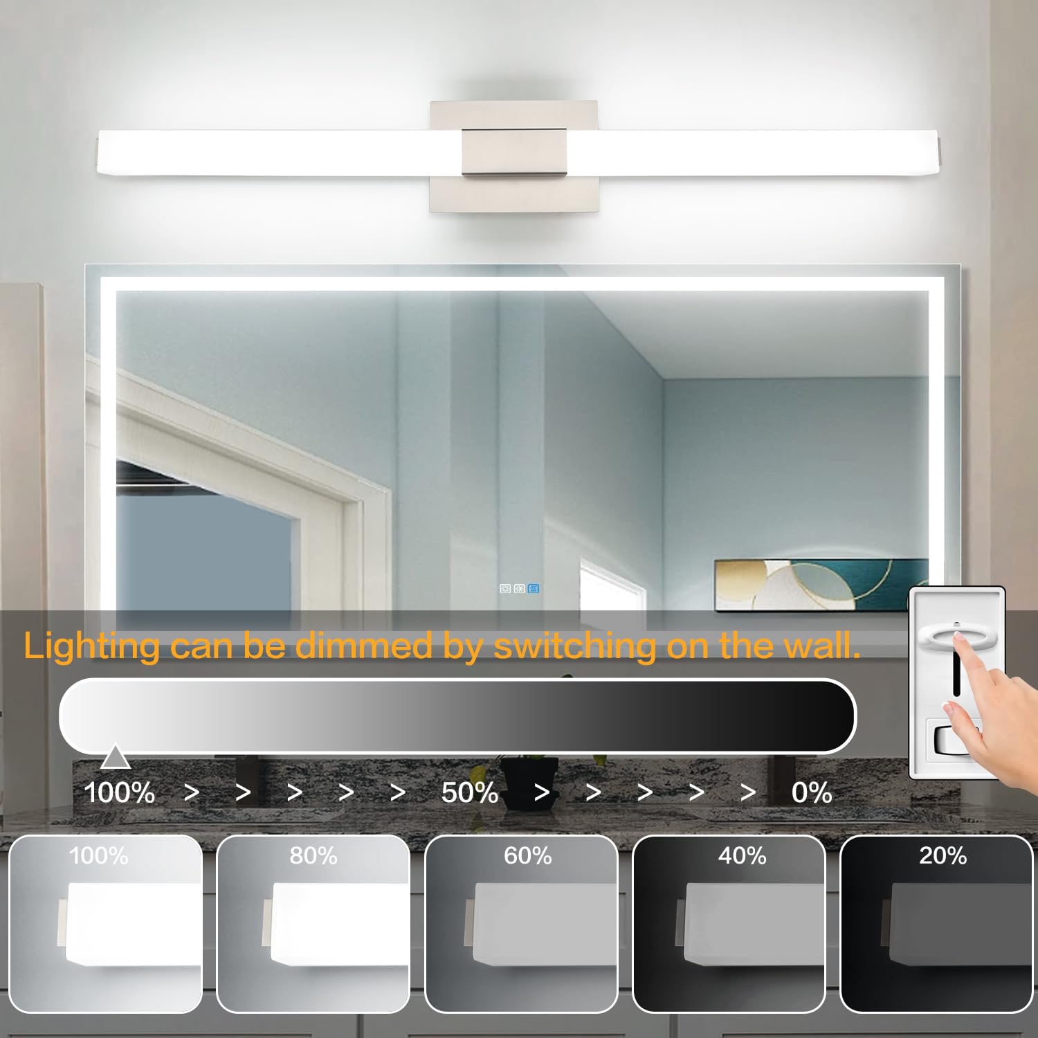 ZUZITO 40 Inch Bathroom Vanity Light, Brushed Nickel, Modern LED, 5CCT Dimmable, Model S16001-1000mm-5CCT, Acrylic