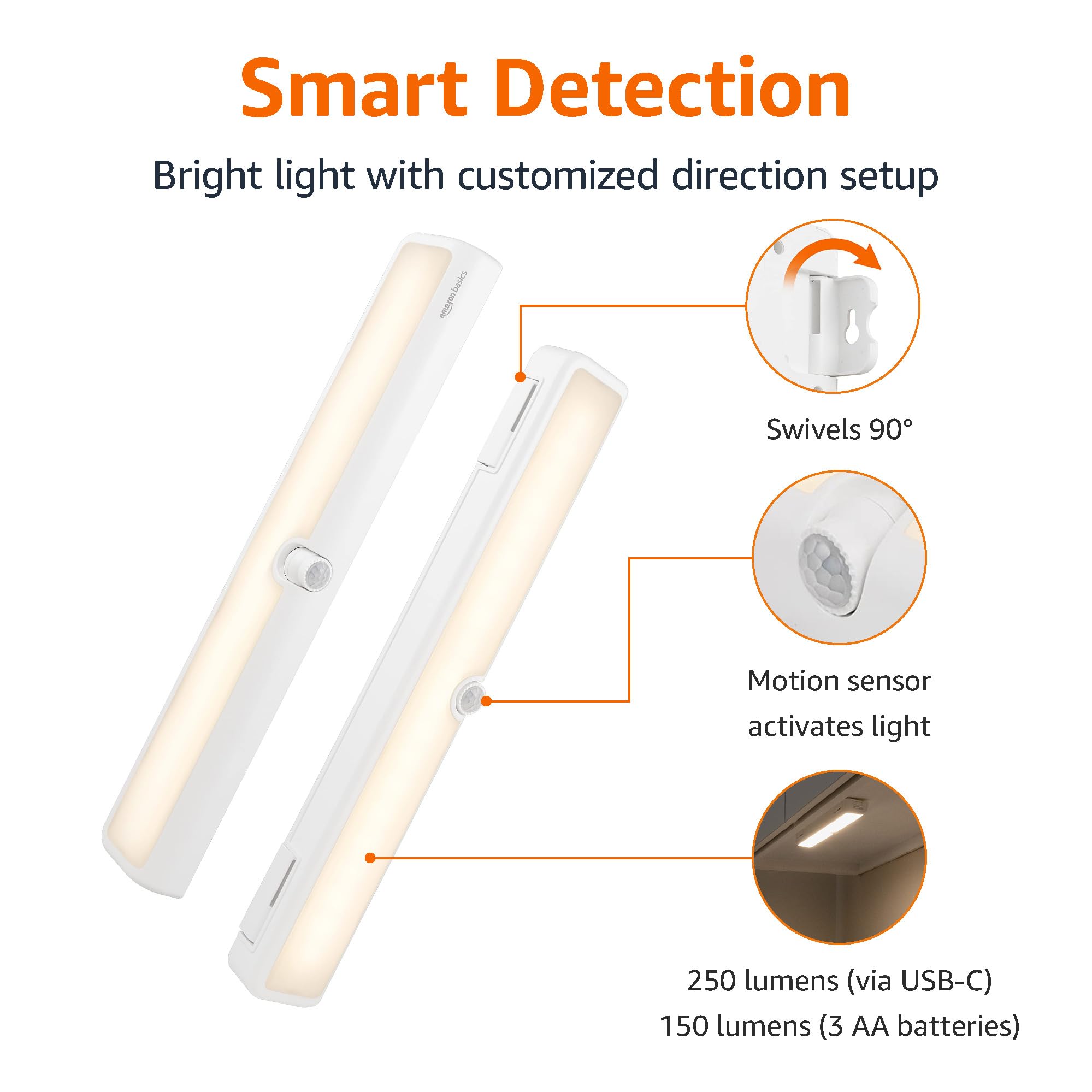 Amazon Basics LED Light Bar, Swivel Motion Sensor, 250 Lumens, 12", 2 Pack, White, Plastic