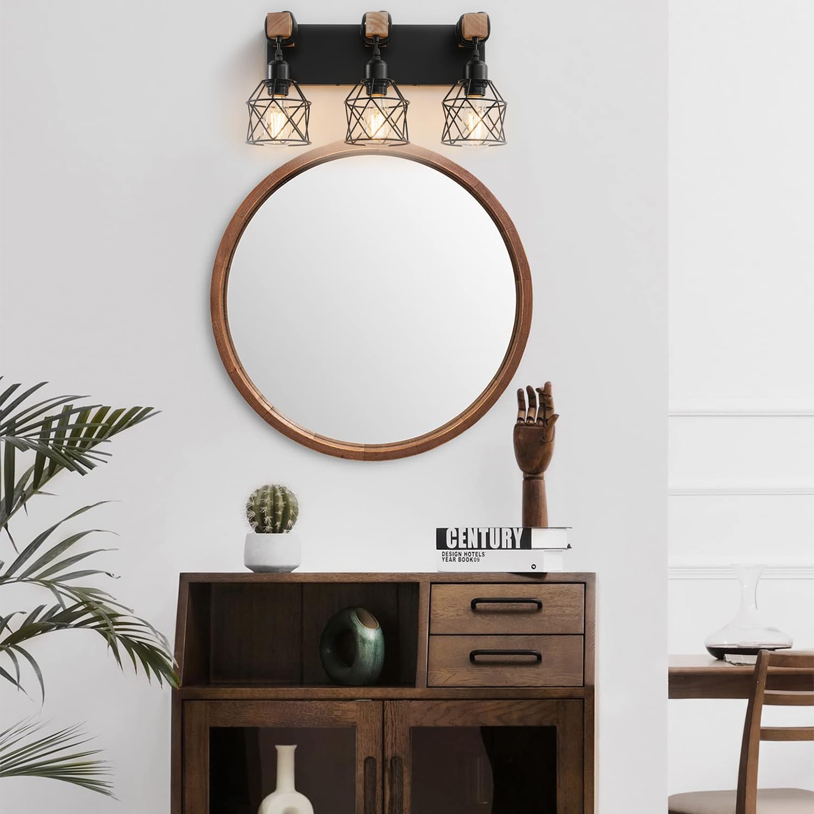 Farmhouse Vanity Light Fixture 3-Light Bathroom Lighting Black Industrial Wood Wall Light Over Mirror With Metal Shade Bulbs Not Included