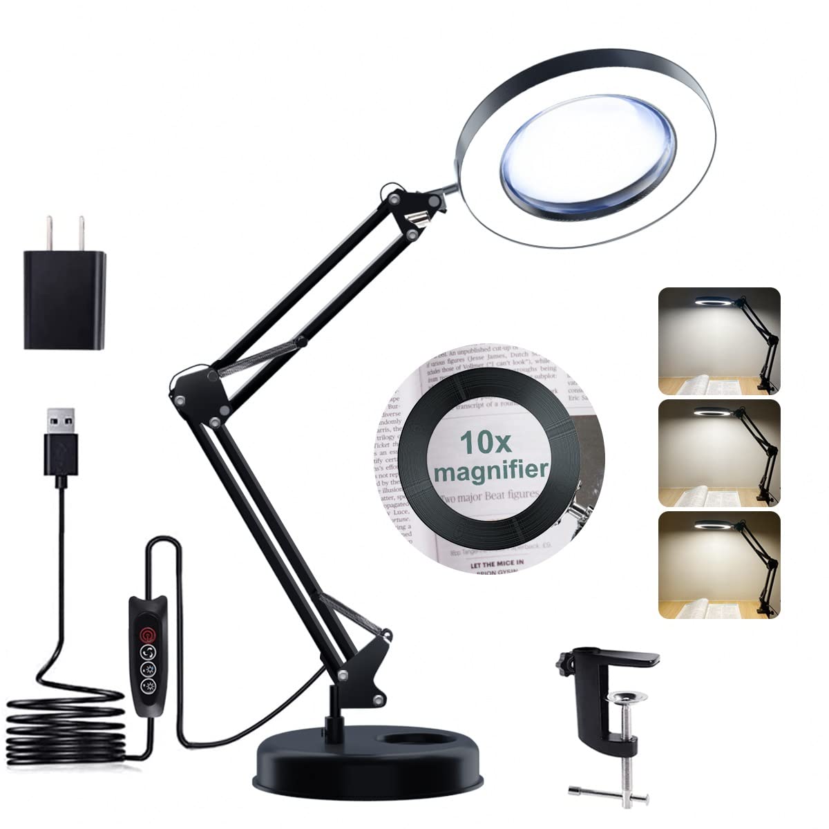 ZTree 10X Magnifying Glass with Light, 2-in-1 Desk Magnifier, LED Craft Lamp, Black, Aluminum Alloy, Base & Clamp