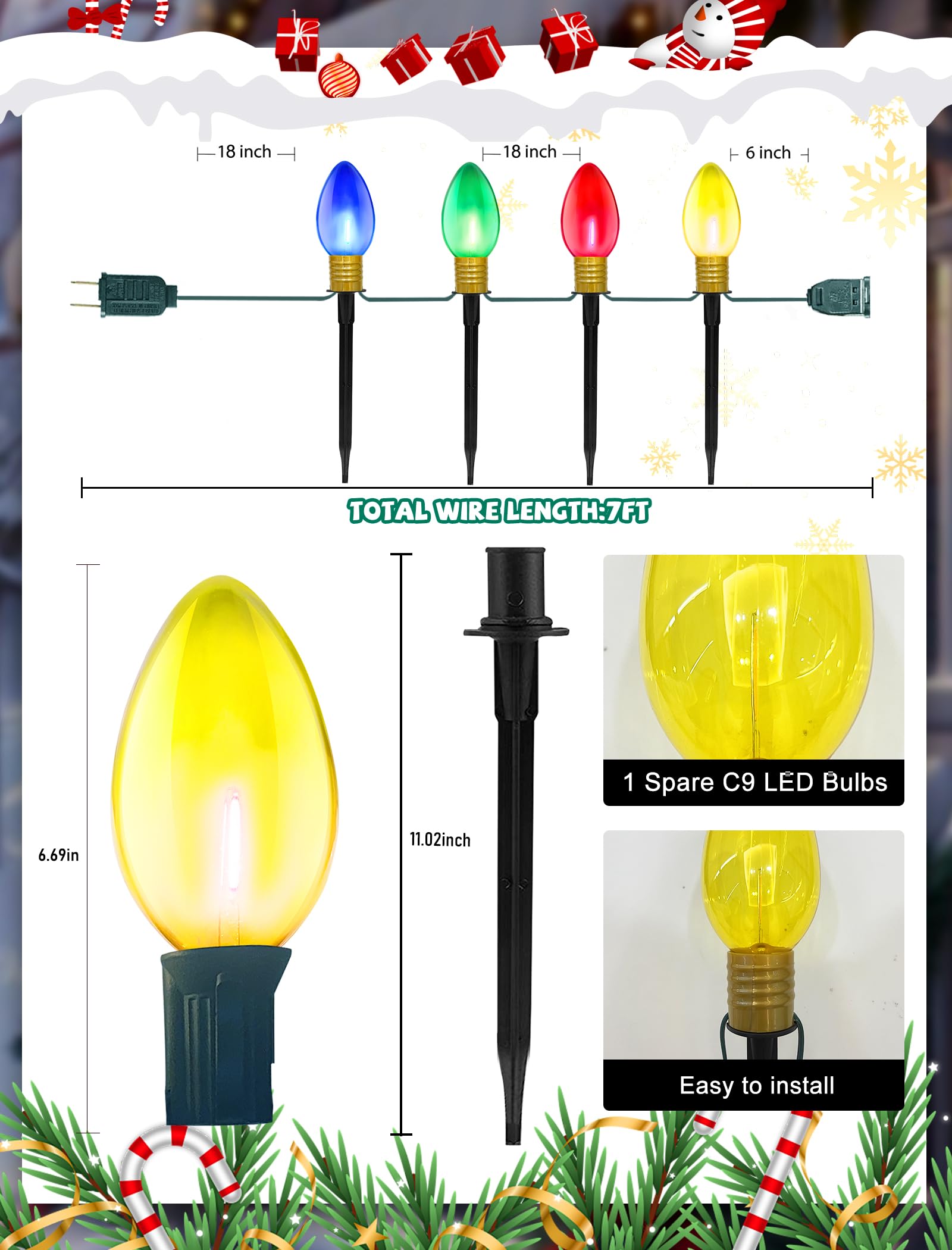 C9 Outdoor Christmas Pathway Lights  Set Of 4 Outdoor Lawn Christmas Lights With C9 Clear Multicolored Jumbo Led Bulbs  7Ft Connectable Marker Stake Lights For Holiday Outside Yard Garden Decor