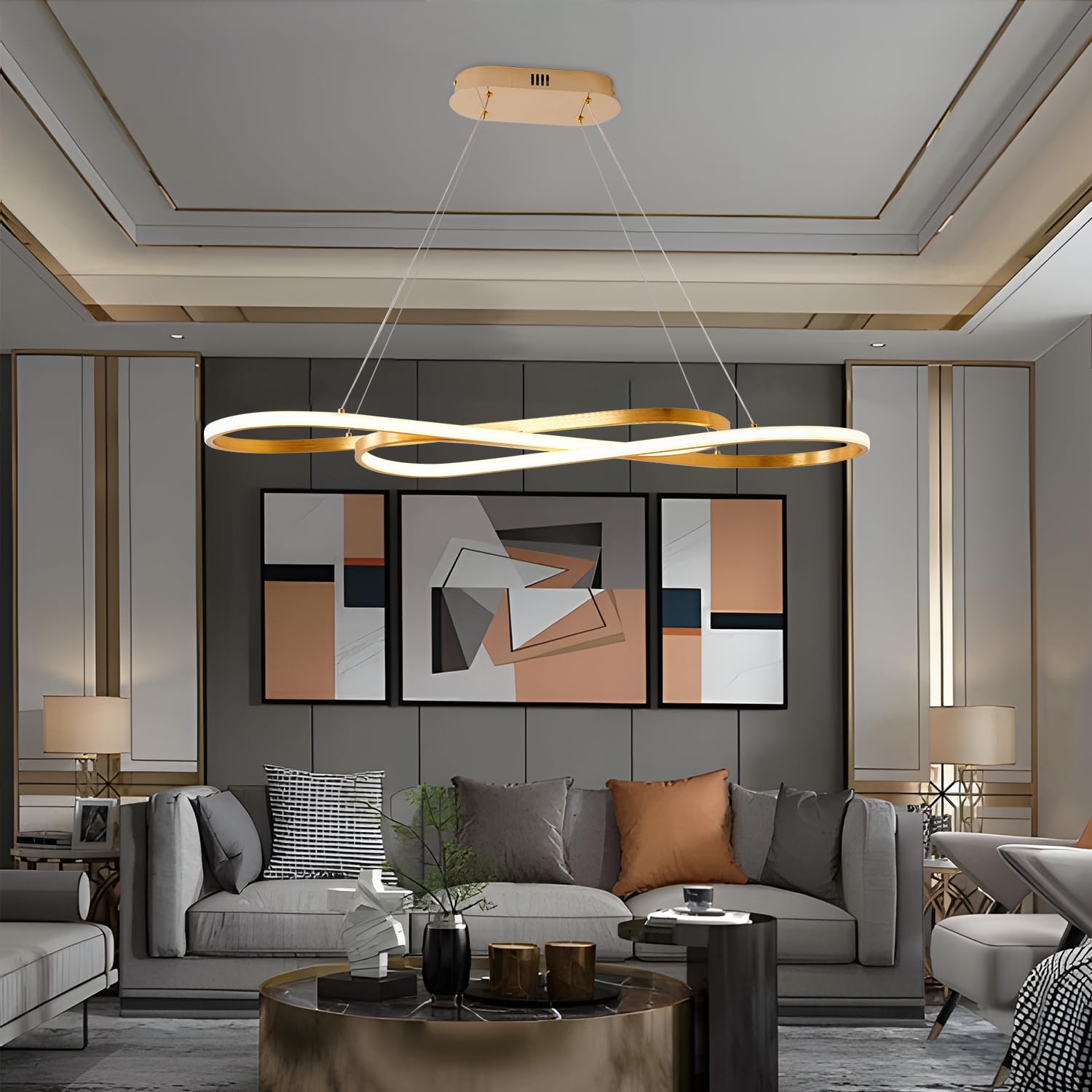 Gold Led Chandelier For Kitchen Island Lighting,Dimmable Modern Chandelier For Dining Room, L39.4" Modern Led Pendant Light Fixture Height Adjustable Brushed Gold Dining Room Light Fixture Over Table