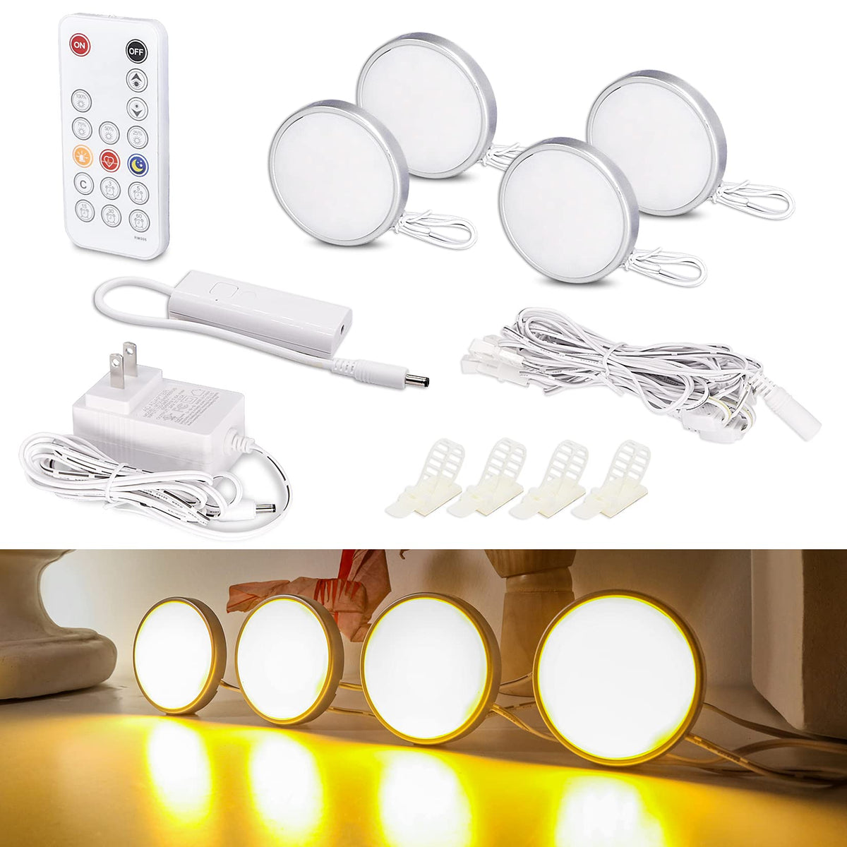 Wobane Led Puck Lights, Dimmable Under Cabinet Lighting Kit With Remote, 700Lm, Warm White, 4 Pack