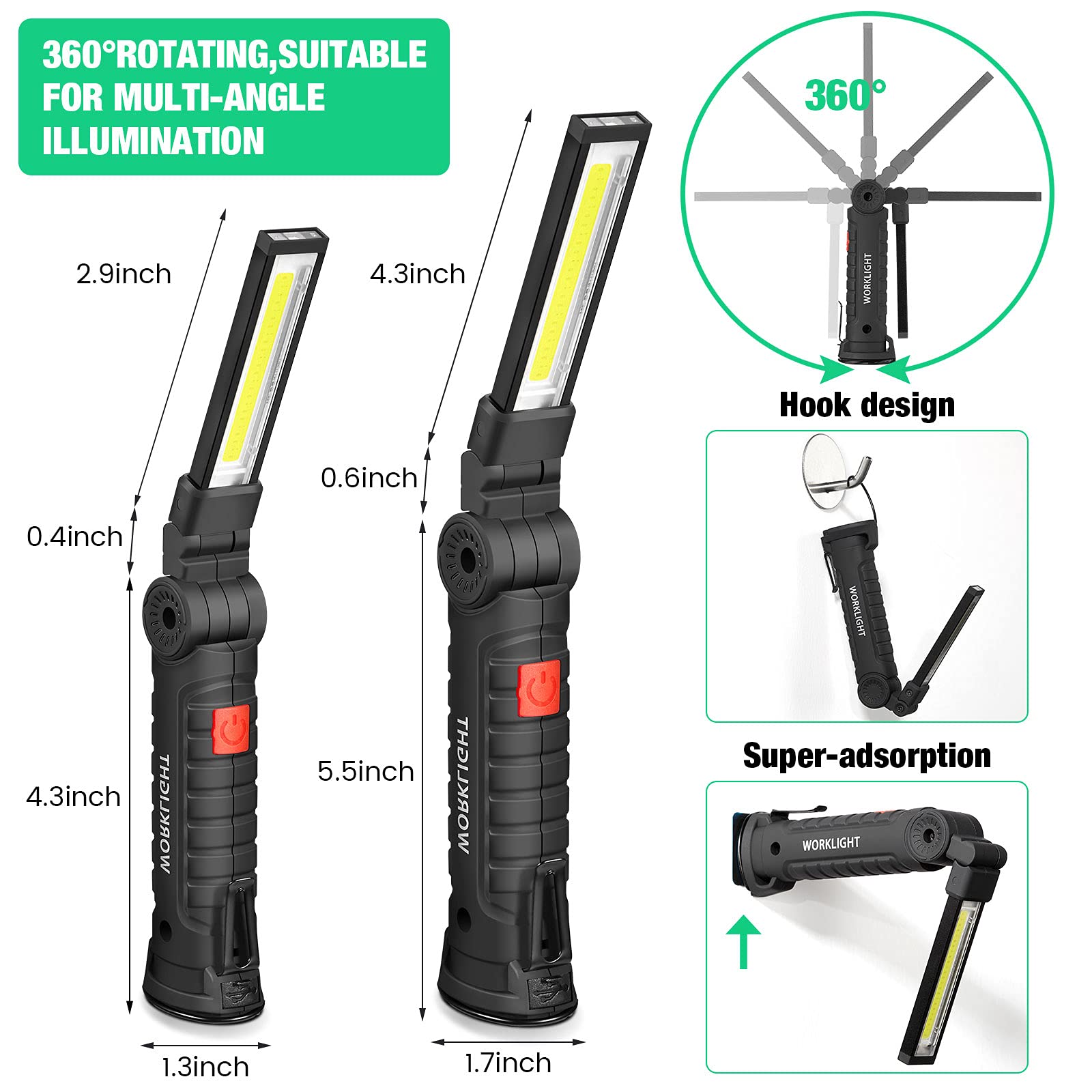 Honoson LED Work Light Cob Flashlight, 5 Modes, Rechargeable, Magnet Base, Hook, 360° Rotate, Small & Large, Black, Model: 336