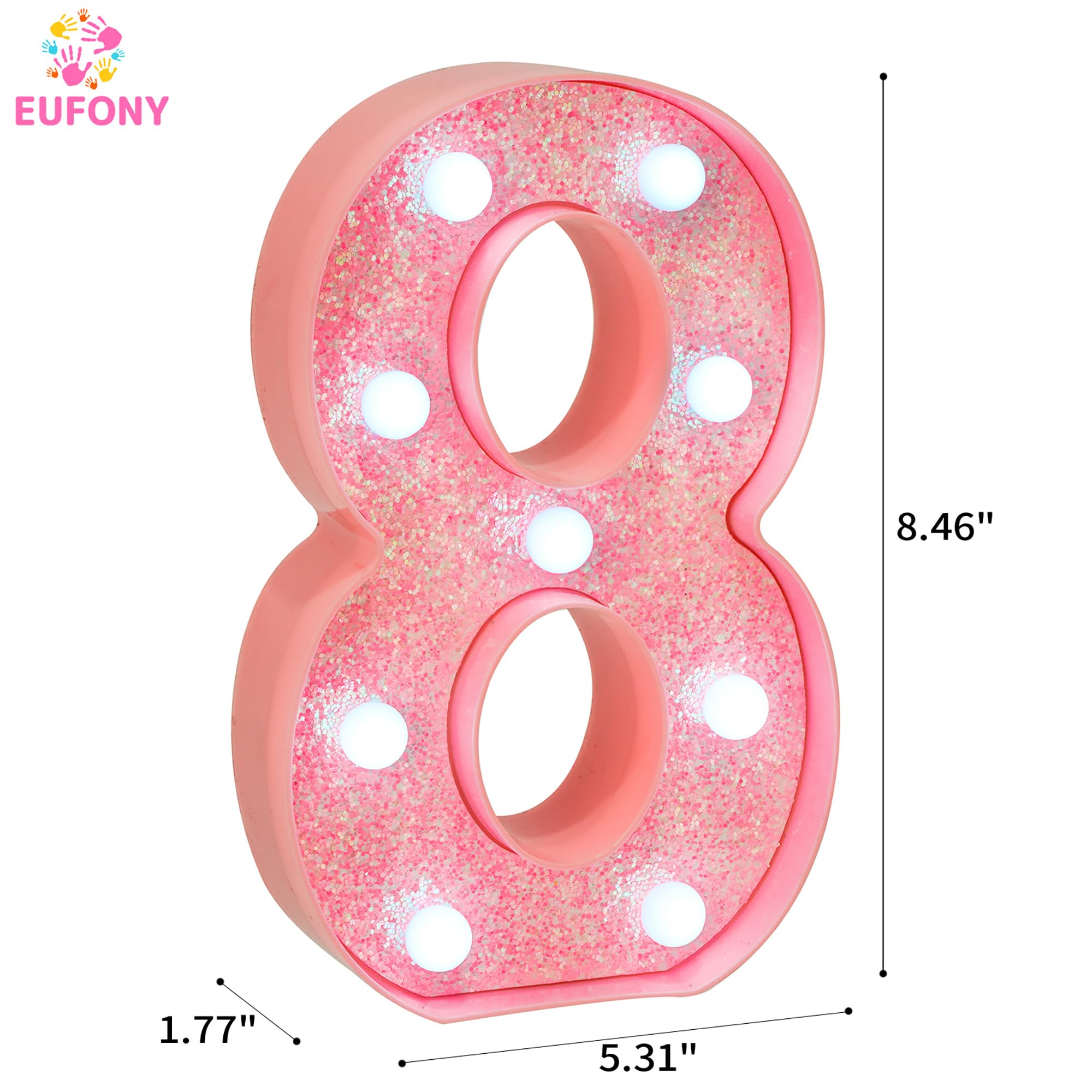 EUFONY Pink Glitter LED Marquee Light Up Number 8 with Cool White Lights, Battery-Powered Numbers sign for Girls Birthday Party