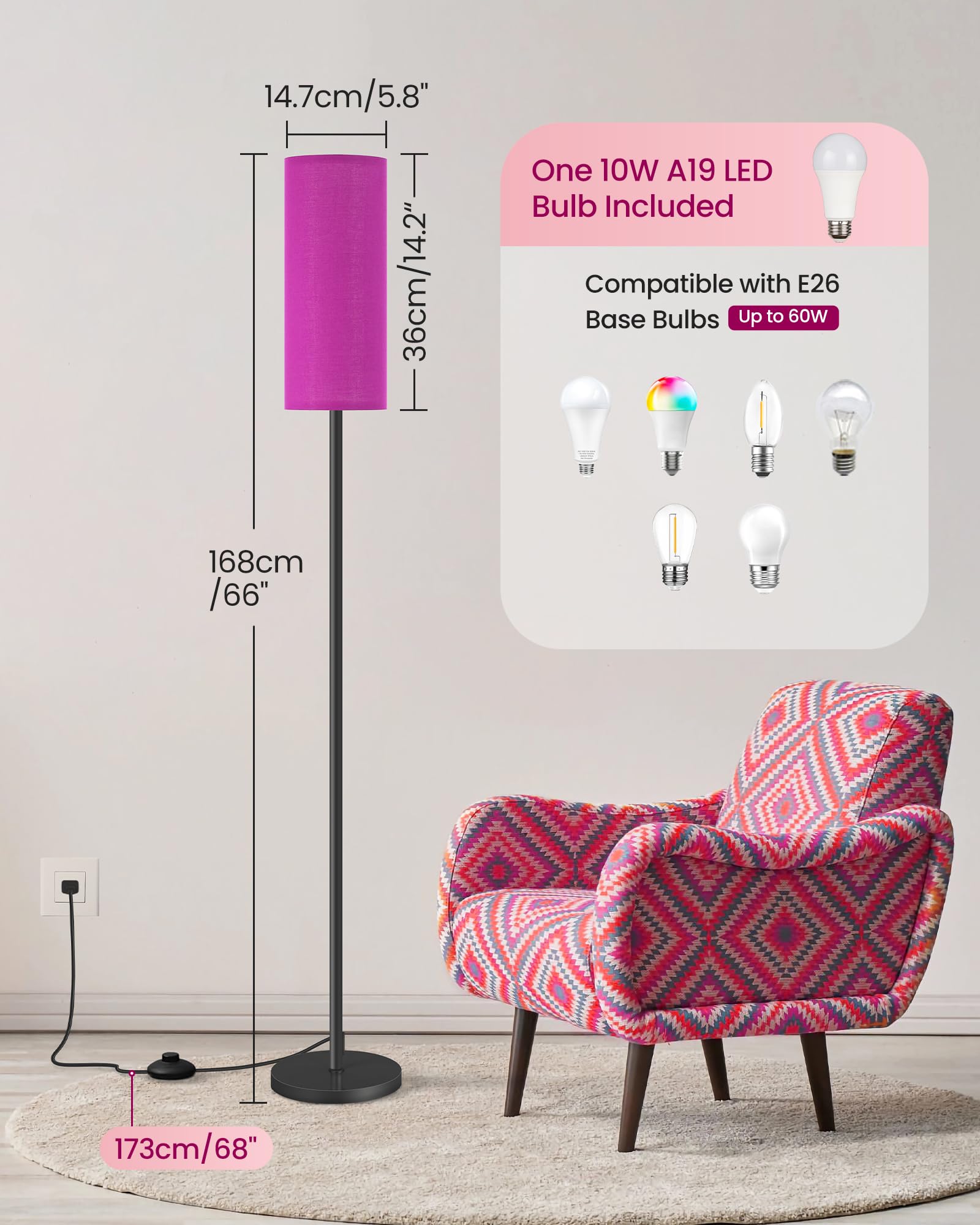 Dimmable Purple Floor Lamp For Living Room With Remote And Foot Switch, Corner Floor Lamp For Bedroom, 66'' Standing Tall Lamp,