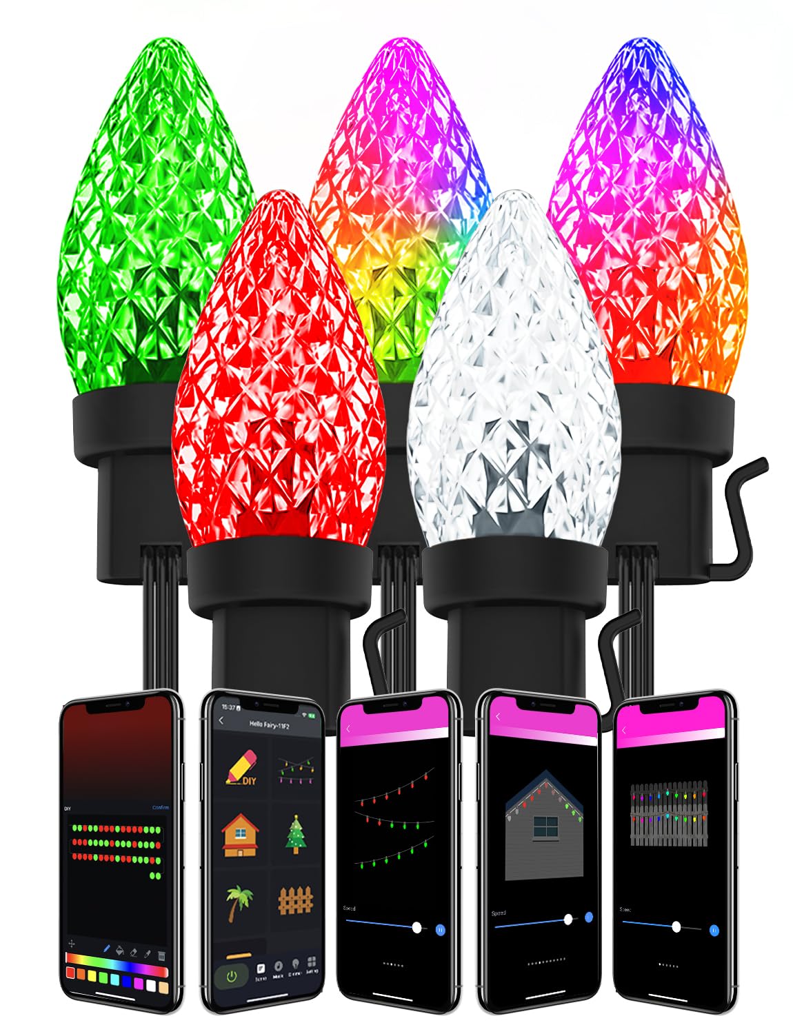 200LED 174 FT Smart C9 Christmas String Lights Plug in APP Programmable Fairy Twinkle String Lights 58 Modes RGB Color Changing