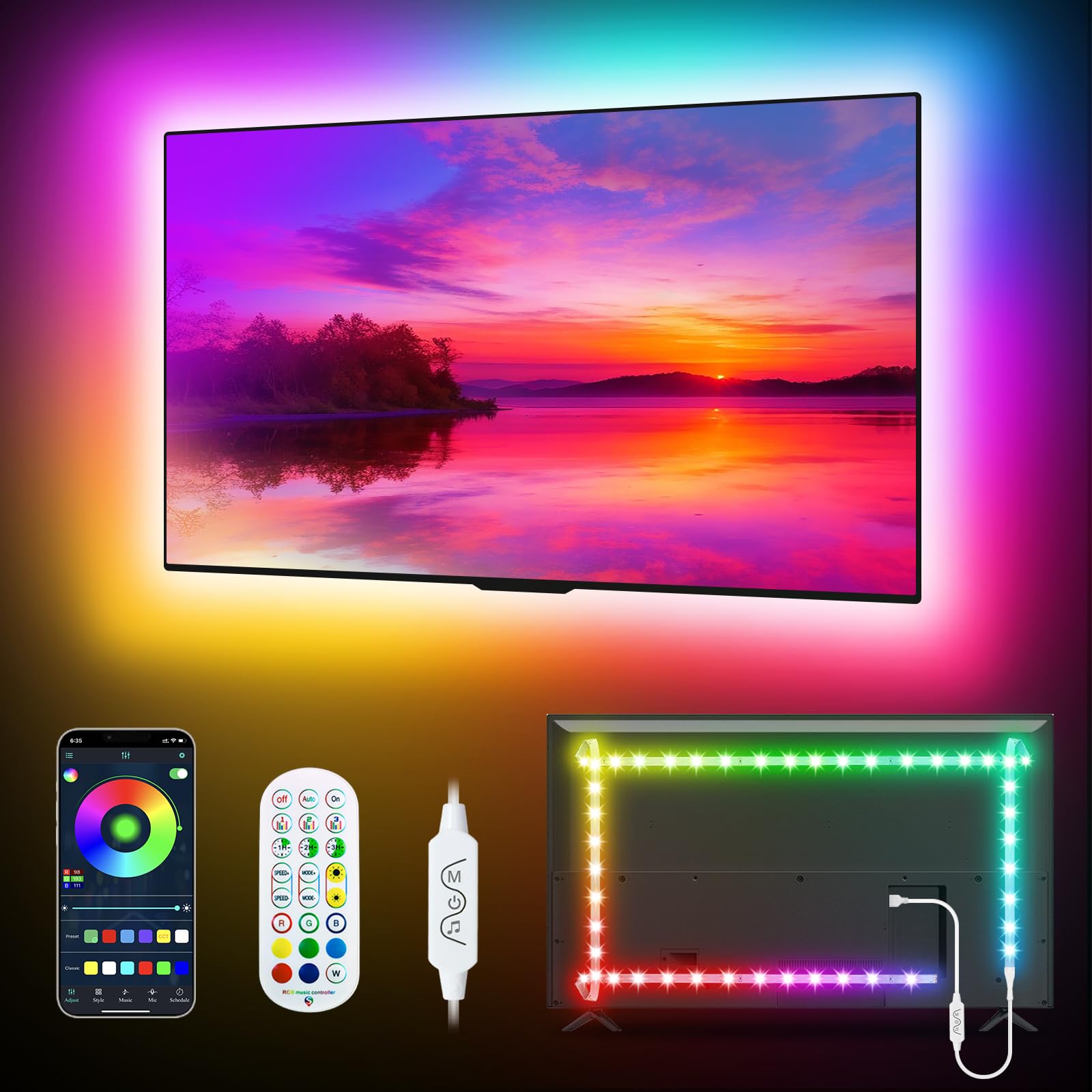 Daymeet LED TV Backlight Strip, Music Sync, Bluetooth App Remote, 16.4FT for 65-85in TV, Dream Colored, Model XR-CAHCX5M03