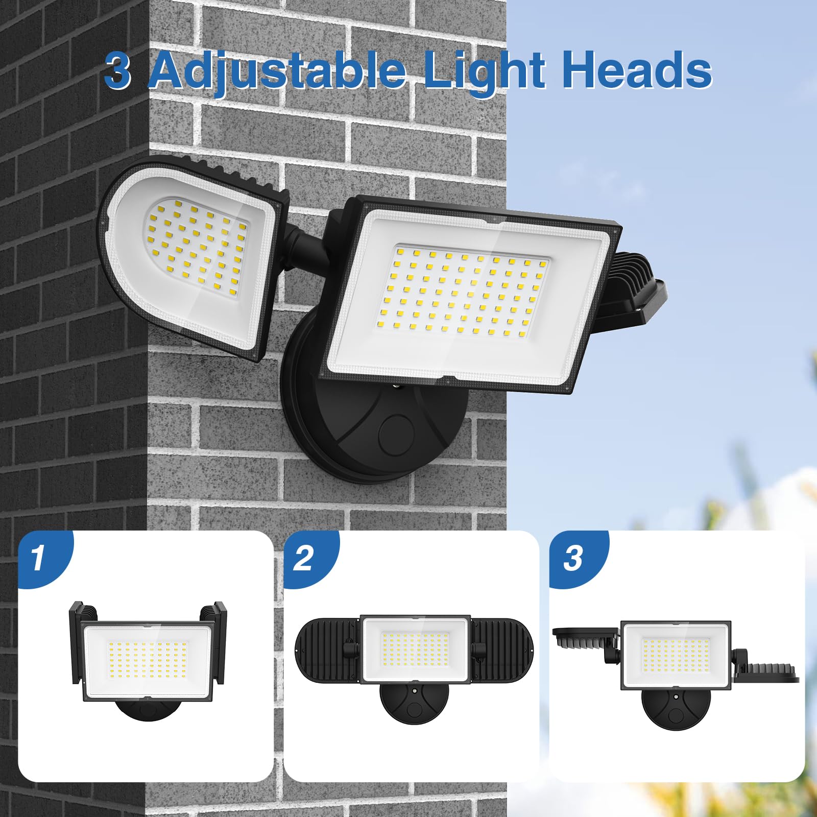 SZPOWER 150W LED Flood Lights, 15000LM Bright, Waterproof IP65, 3 Adjustable Heads, Black, Model SZD1503, 2 Pack