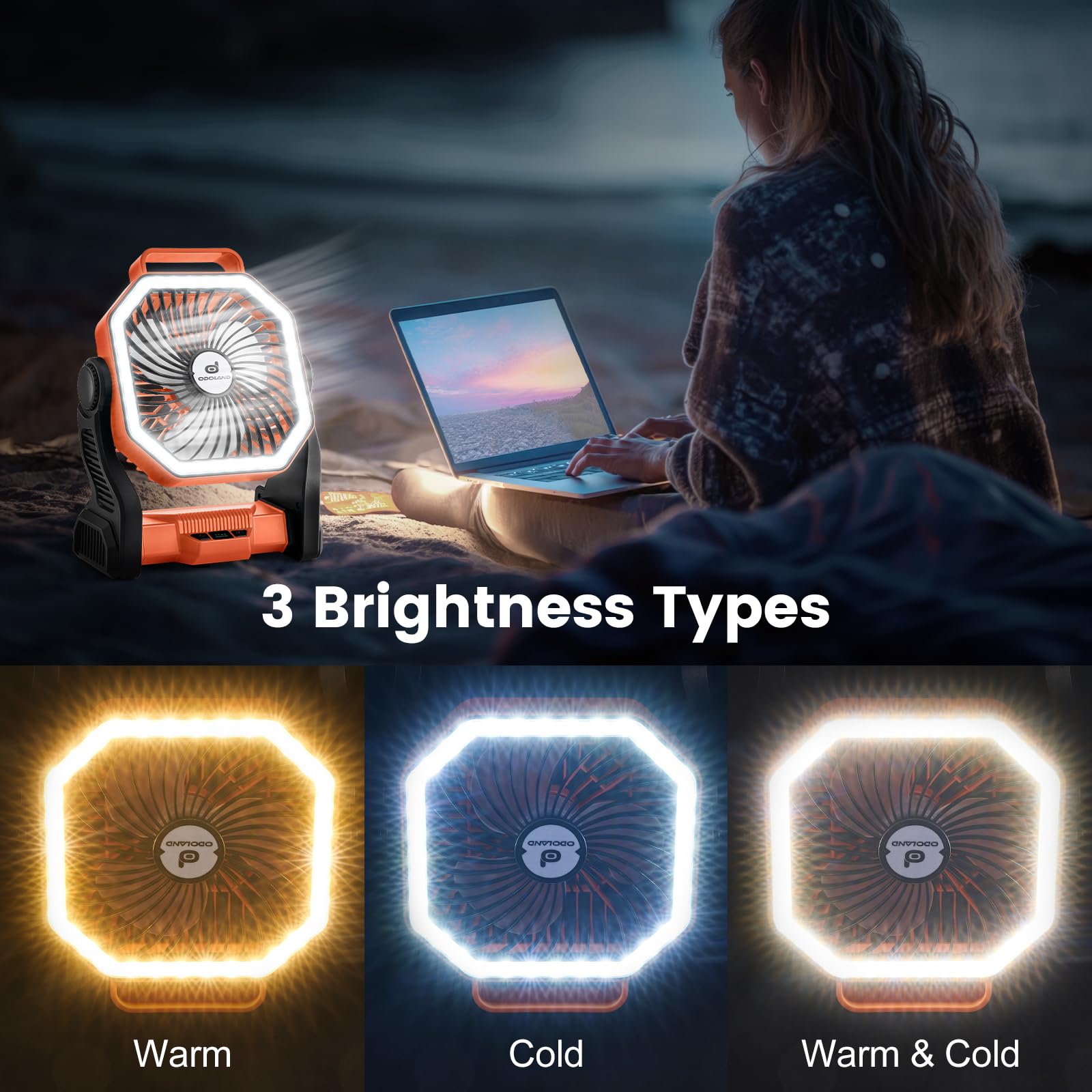 Odoland Rechargeable Camping Fan with 20000mAh Battery, LED Lantern, Portable Design, Orange, Model OD0729E
