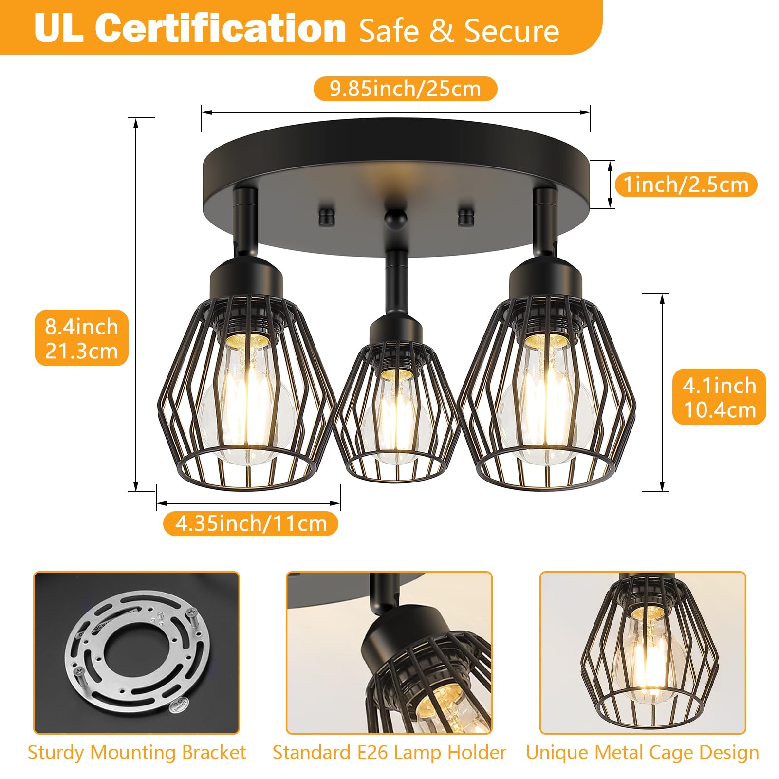 Baocuz 3-Light Adjustable Black Metal Cage Ceiling Light Fixture for Kitchen, Hallway, Dining Room