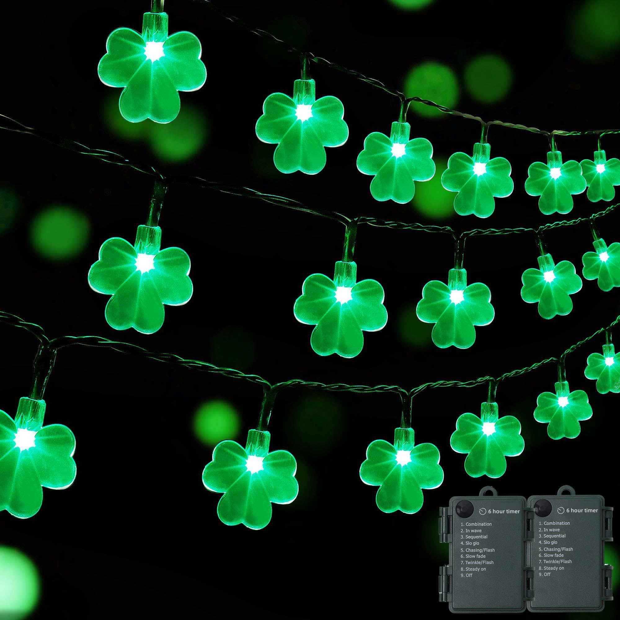 WATERGLIDE 2 Pack St. Patricks Day Shamrocks Lights, 50 LED Outdoor Decorative String Lights, Battery Operated Lucky Clover Ligh