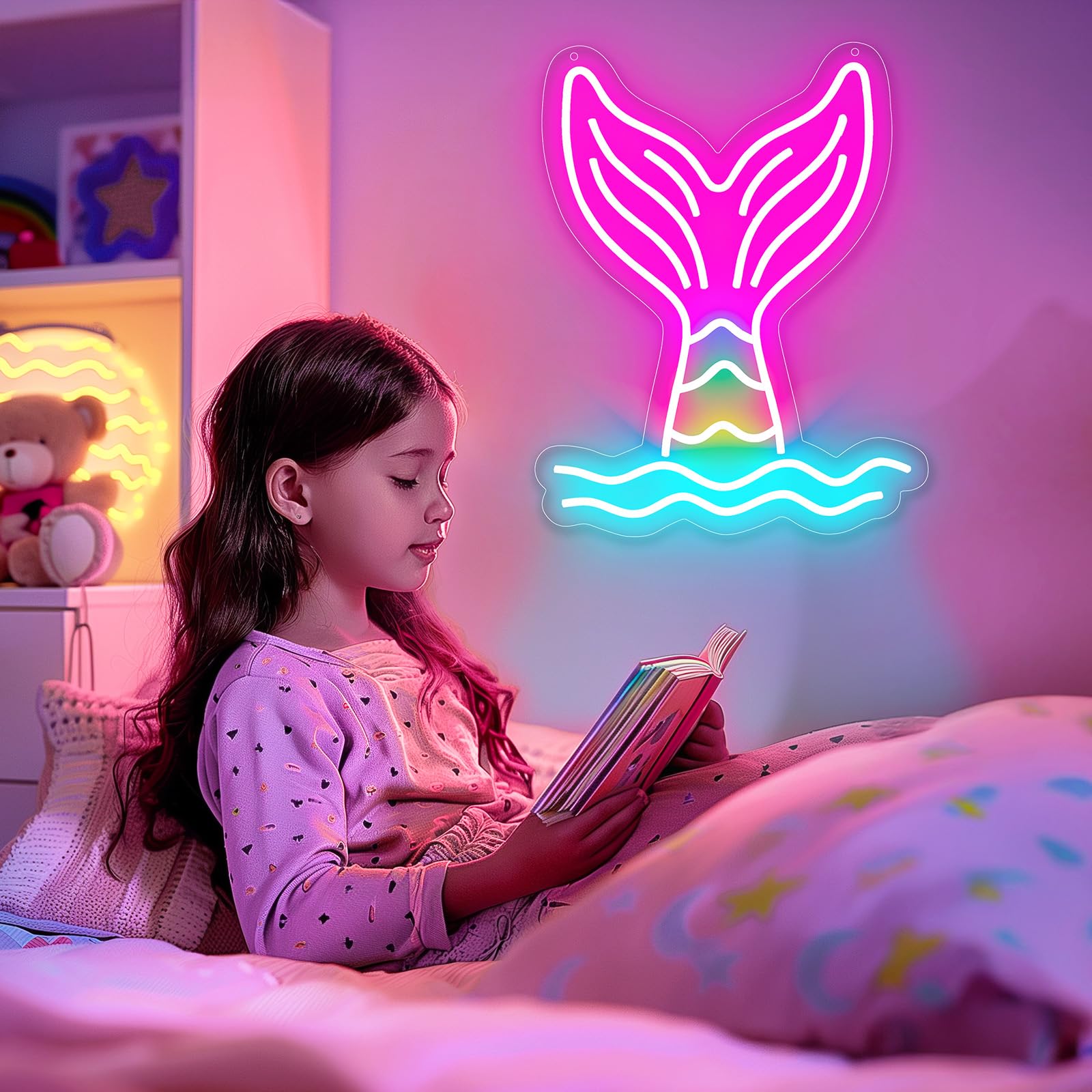 Basaneon Mermaid Tail Neon Sign, Dimmable LED Wall Decor, USB Powered, 15.7x12.6 inches, C-Mermaid Tail, Model ZF-Mermaid Tail