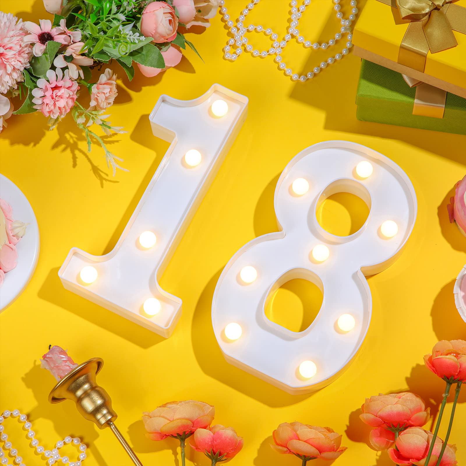 Treela LED Birthday Number Sign, 8.7in  Glitter Marquee, 18th Size, White, Model Treela-Light-01
