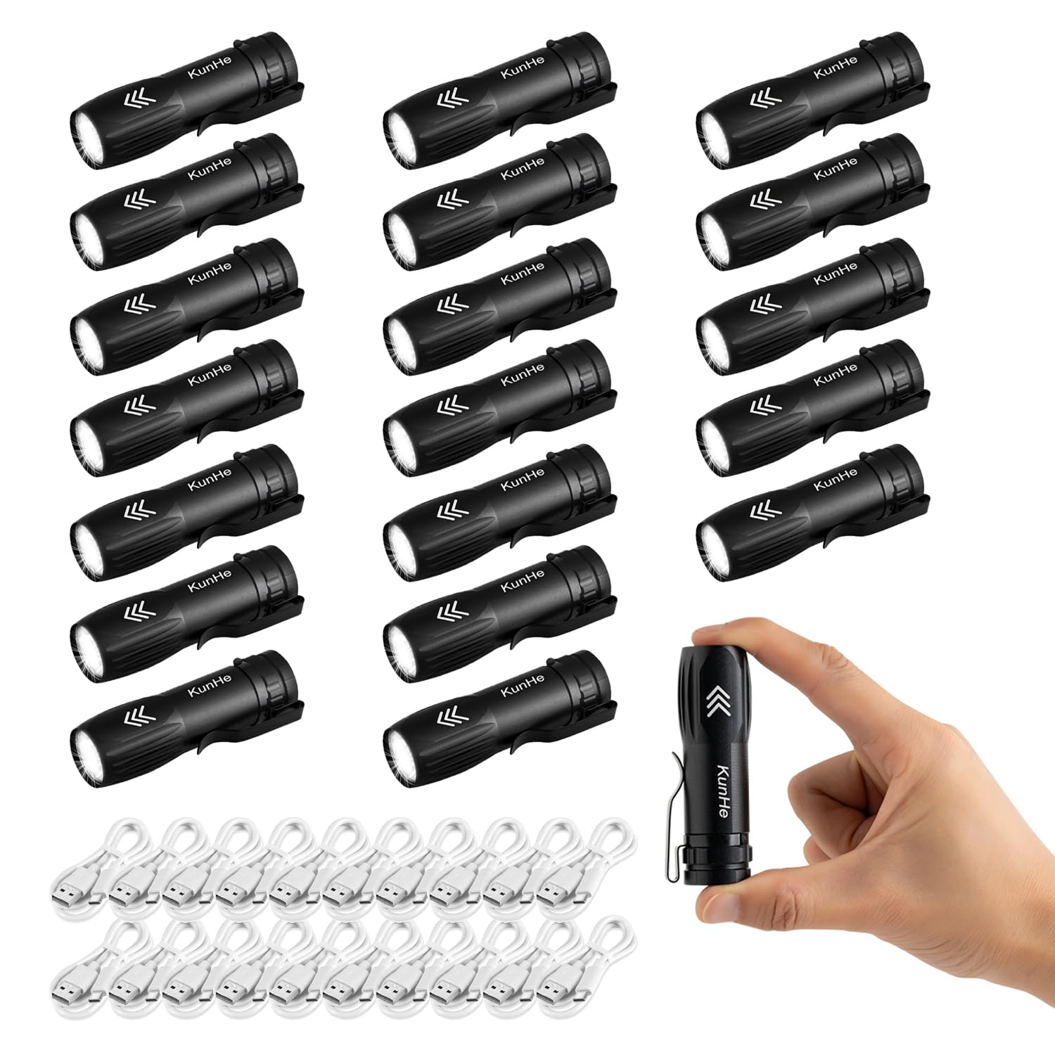 KunHe Rechargeable Mini Flashlights 20 Pack USB-C High Lumen Black Aluminum EDC Pocket Light Model KH-003-20
