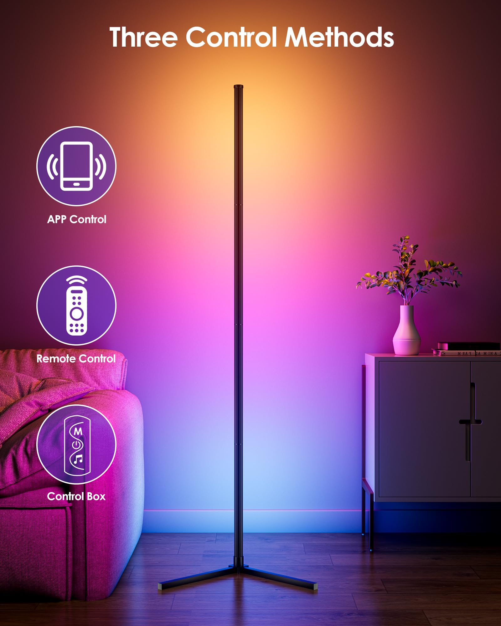 CCACC 65" Smart RGB Corner Floor Lamp - Black Aluminum, APP & Remote Control, Mood Lighting with Music Sync
