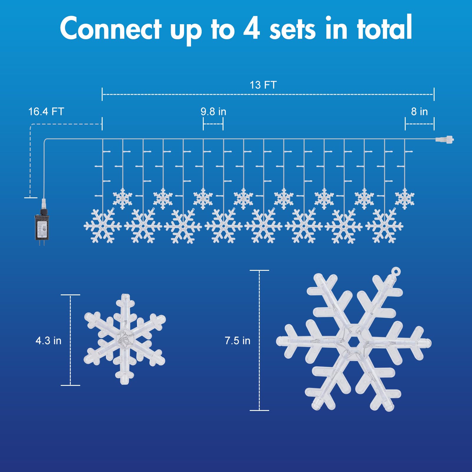 Minetom Christmas Snowflake Lights - 13ft, 192LED, 12 Modes, Timer, IP65 Waterproof, Warm White, Model DMO-I-50~1200