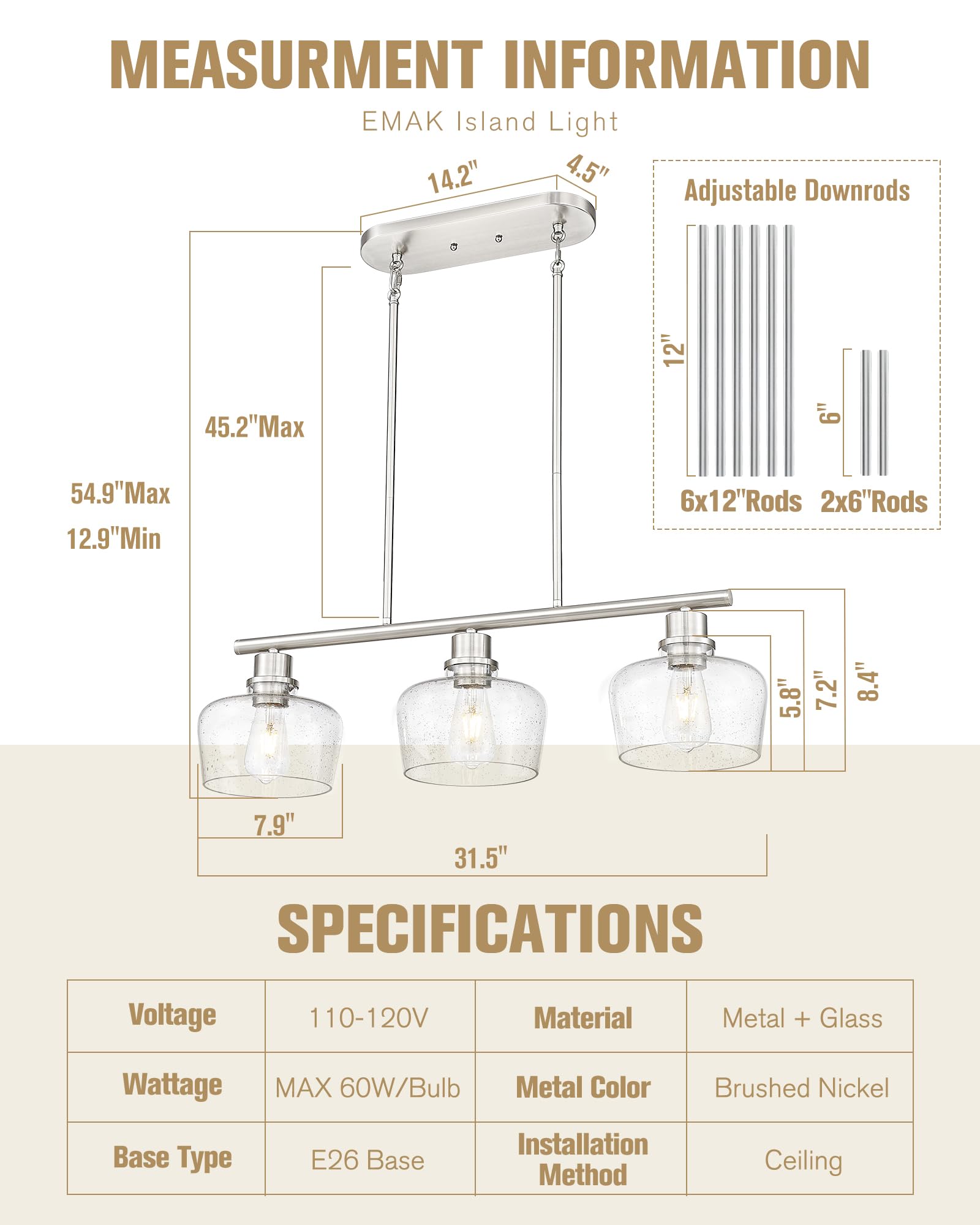 Emak 32 Inch Dining Room Light Fixtures Over Table, Brushed Nickel Kitchen Island Lighting With Seeded Glass Shade, 3-Light Line